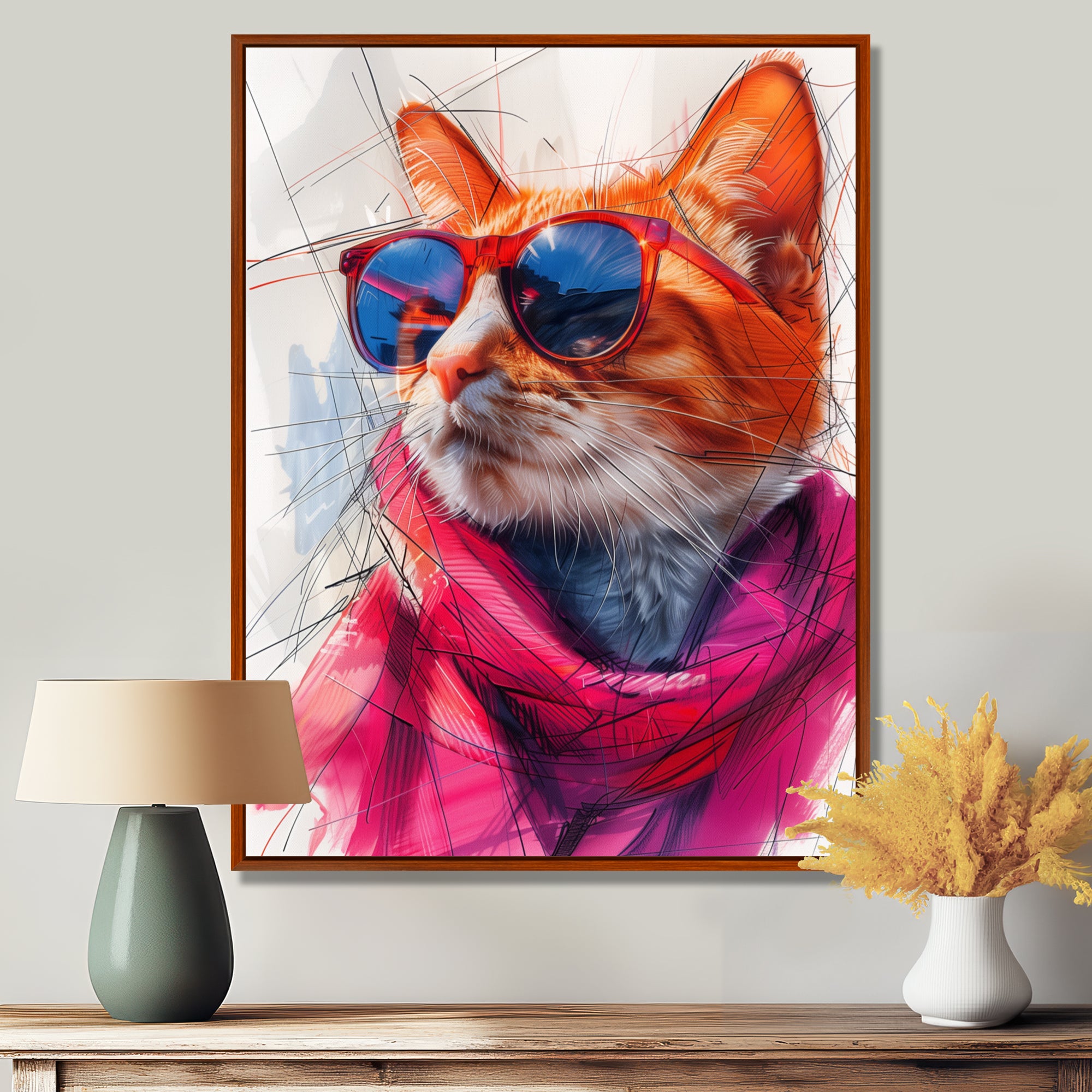 Pink blue curious cat with sunglasses - Cat Canvas Wall Art