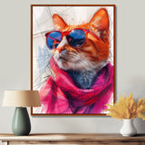 Pink blue curious cat with sunglasses - Cat Canvas Wall Art