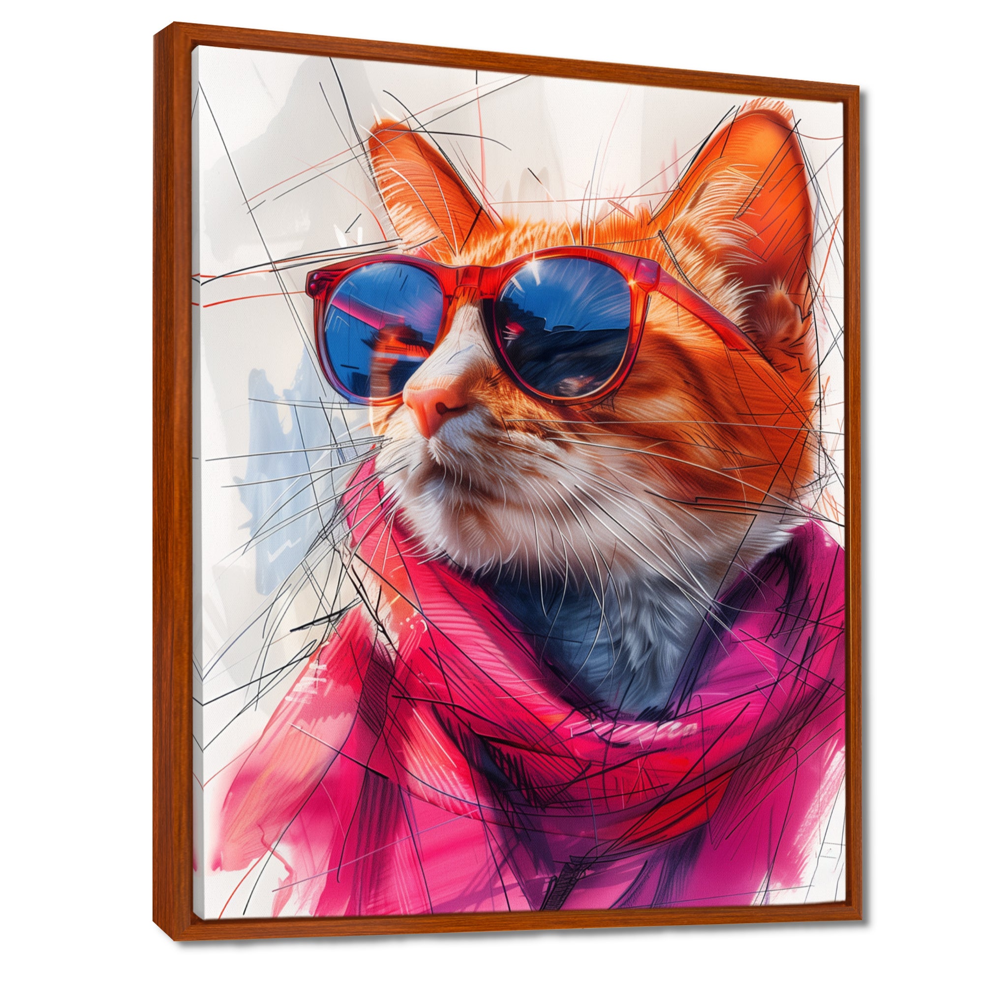 Pink blue curious cat with sunglasses - Cat Canvas Wall Art
