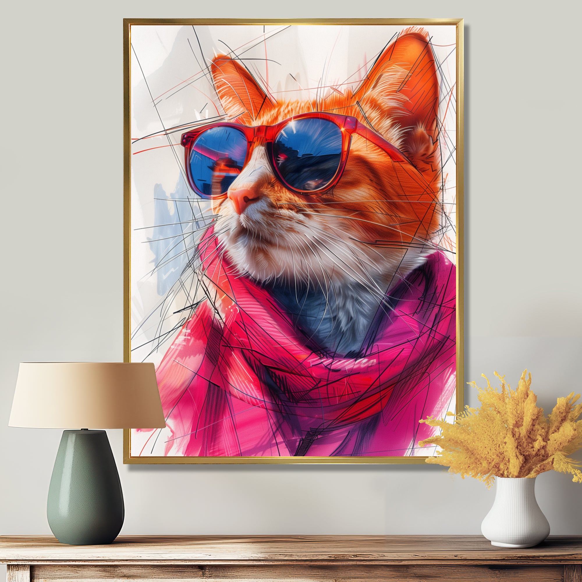 Pink blue curious cat with sunglasses - Cat Canvas Wall Art