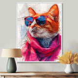 Pink blue curious cat with sunglasses - Cat Canvas Wall Art