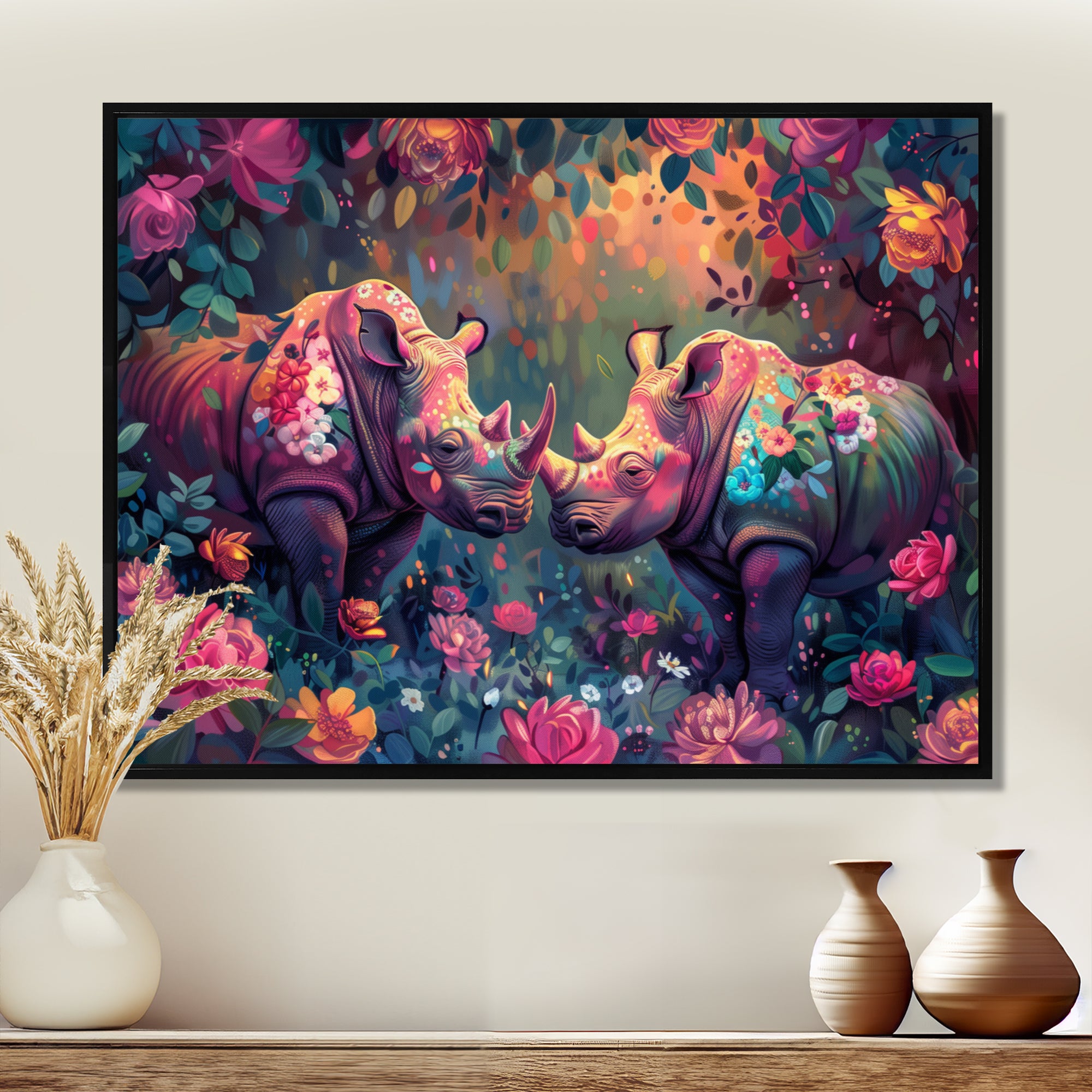 Pink green Rhino wondering dreams - Rhino Wall Decor