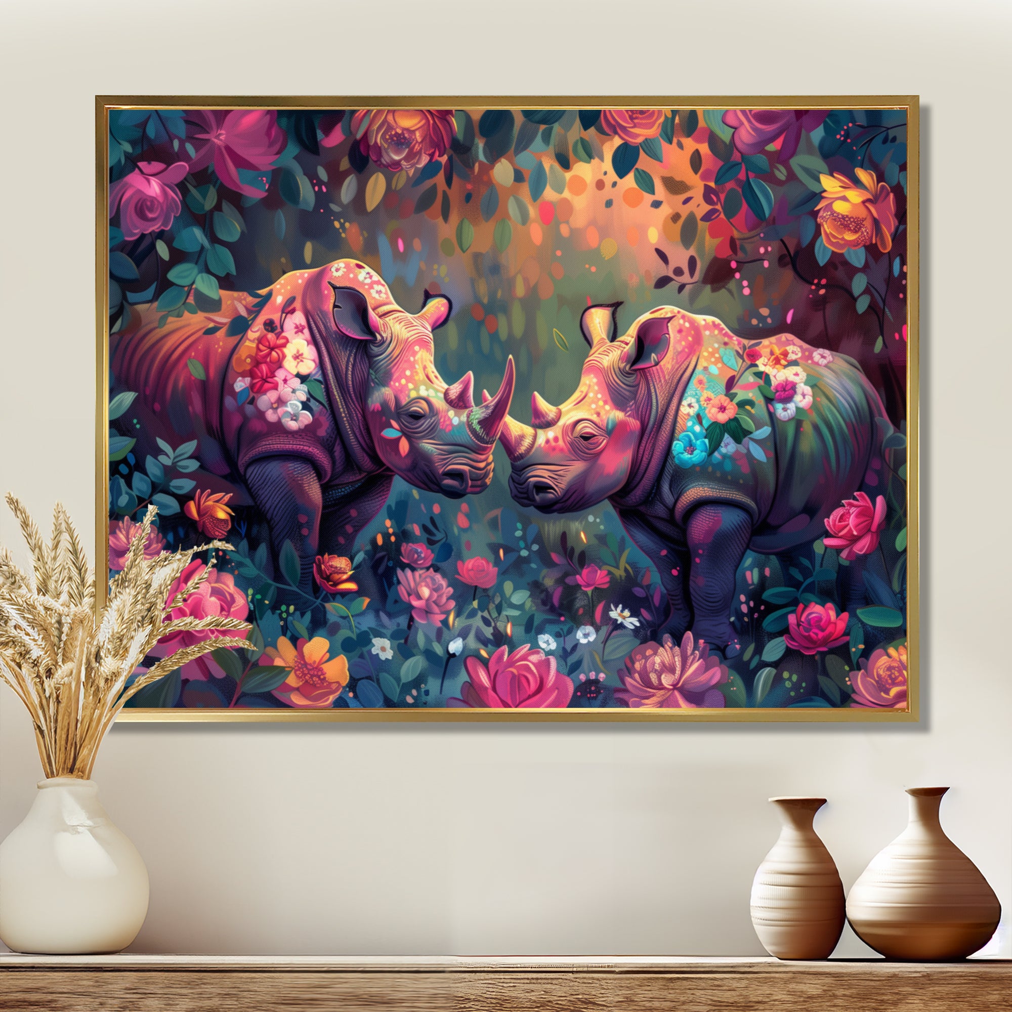 Pink green Rhino wondering dreams - Rhino Wall Decor