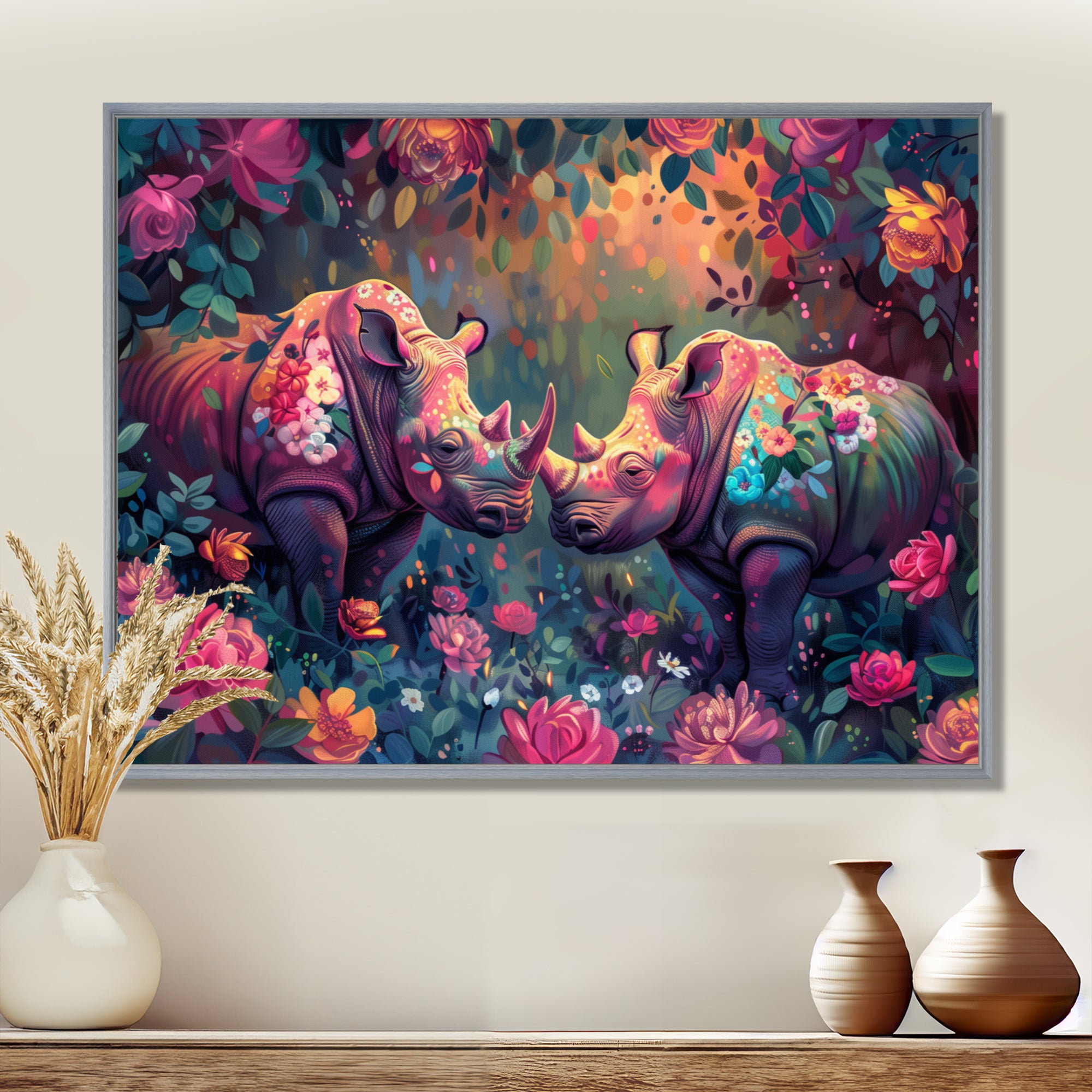 Pink green Rhino wondering dreams - Rhino Wall Decor