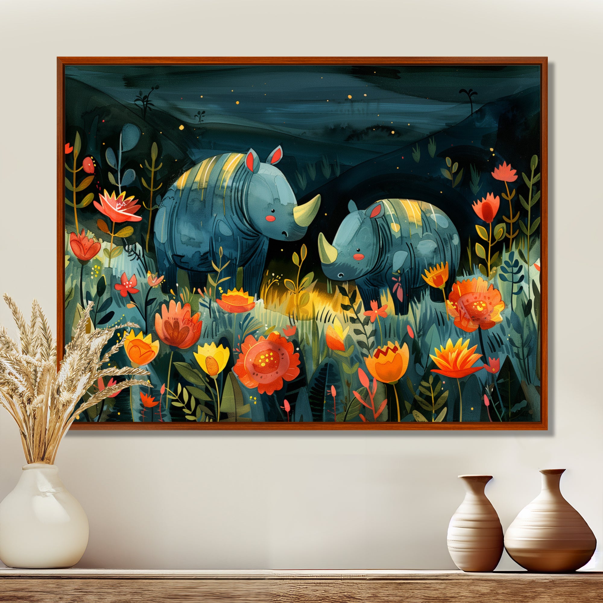 Green orange summer Rhino wondering dreams - Rhino Wall Art Prints