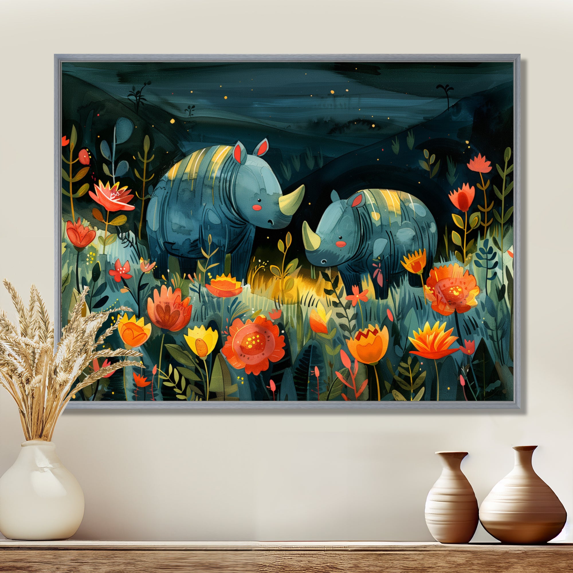 Green orange summer Rhino wondering dreams - Rhino Wall Art Prints