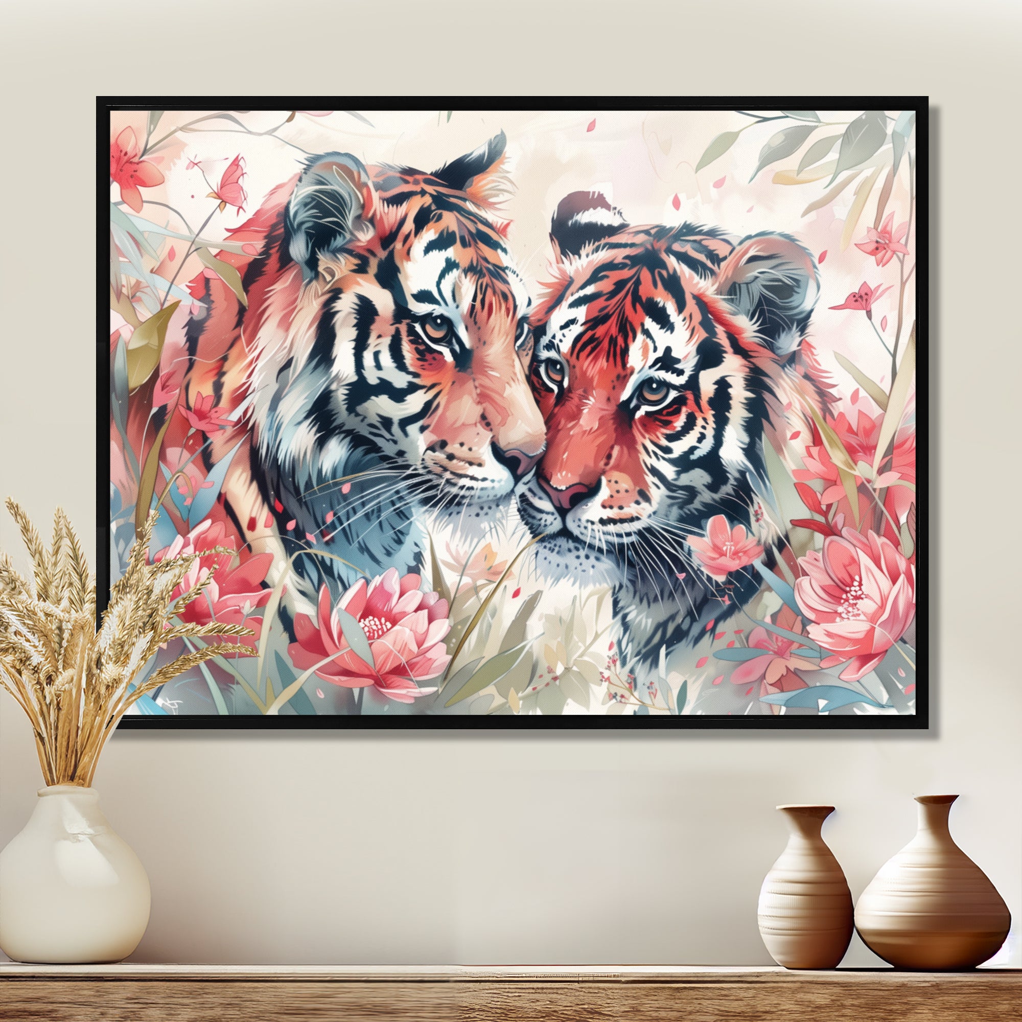 White pink tigers flowers meadows - Tiger Framed Canvas Art