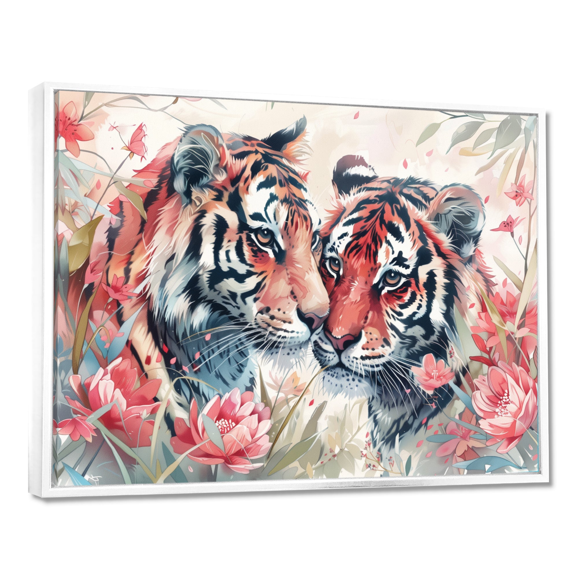 White pink tigers flowers meadows - Tiger Framed Canvas Art