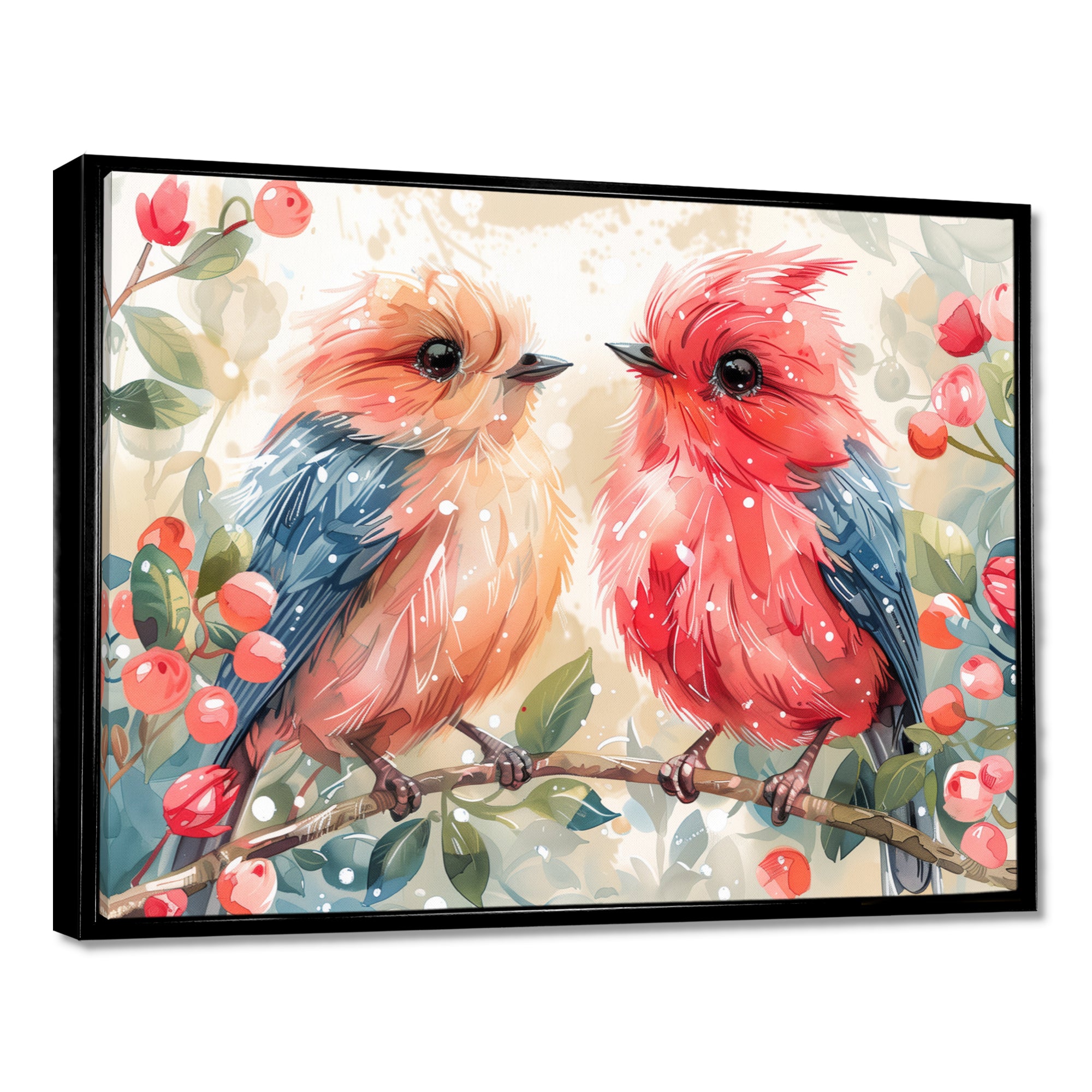 Pink Blue love birds on a branch - Bird Home Decor Art