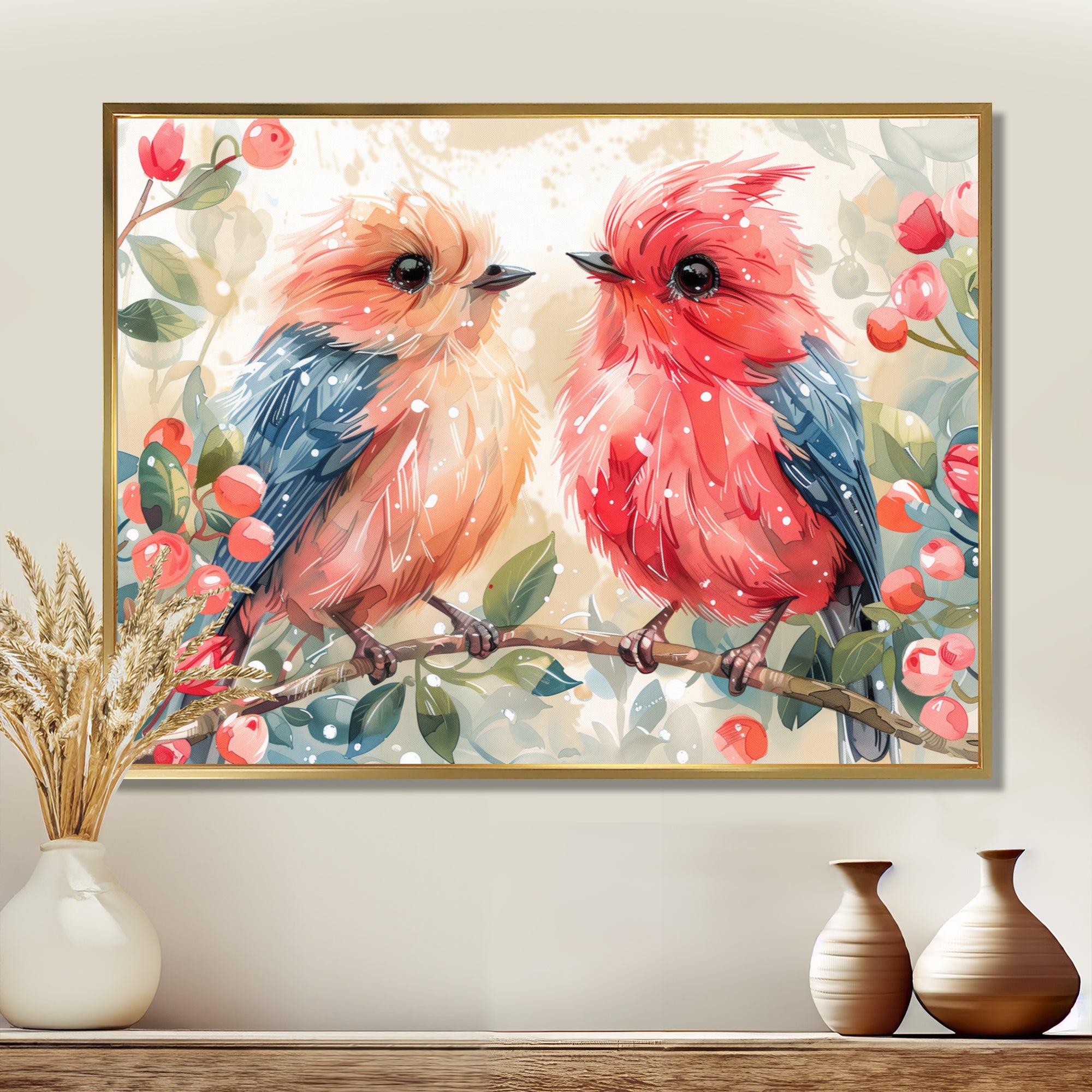 Pink Blue love birds on a branch - Bird Home Decor Art