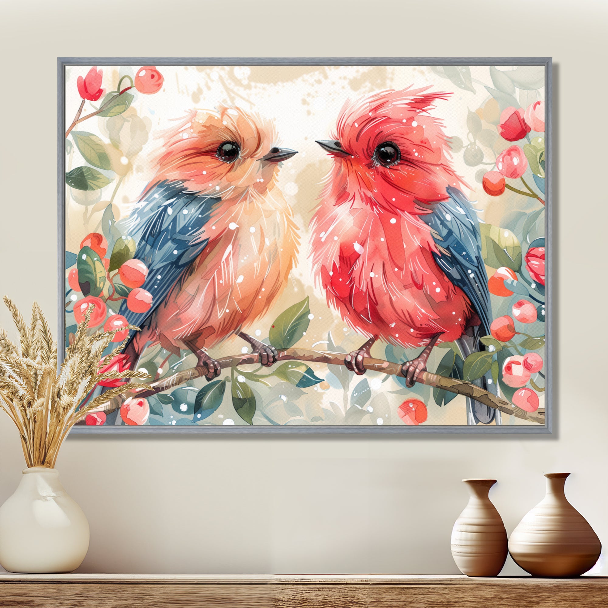 Pink Blue love birds on a branch - Bird Home Decor Art
