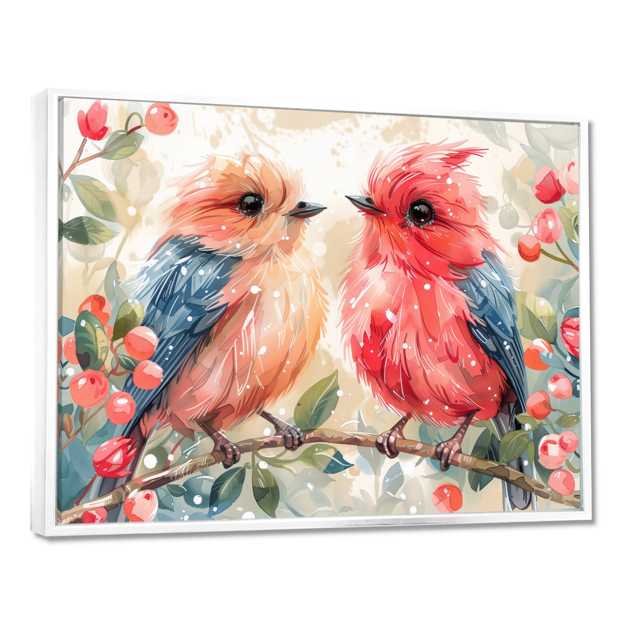 Pink Blue love birds on a branch - Bird Home Decor Art