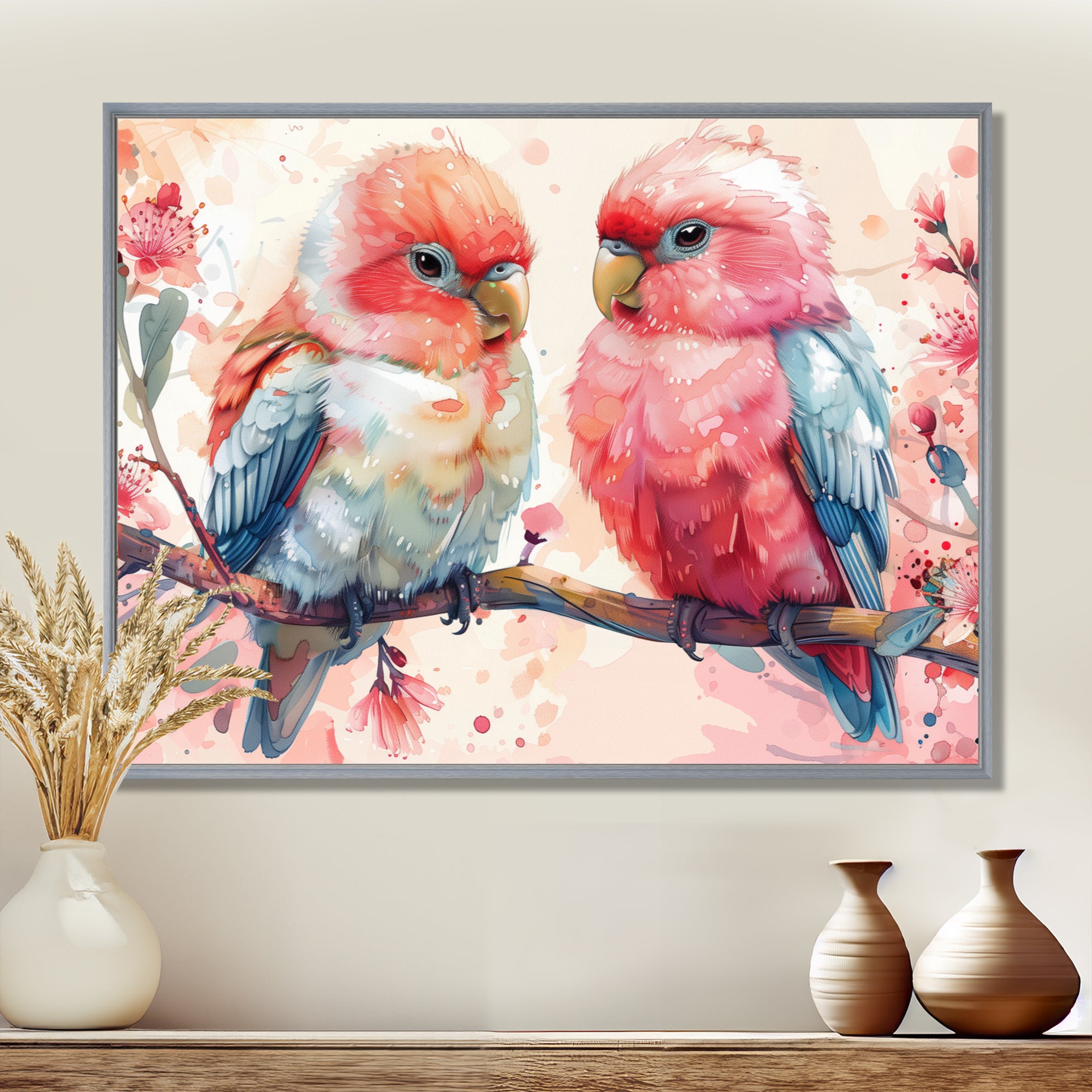 Pink blue parrots on a floral branch - Parrot Living Room Wall Art
