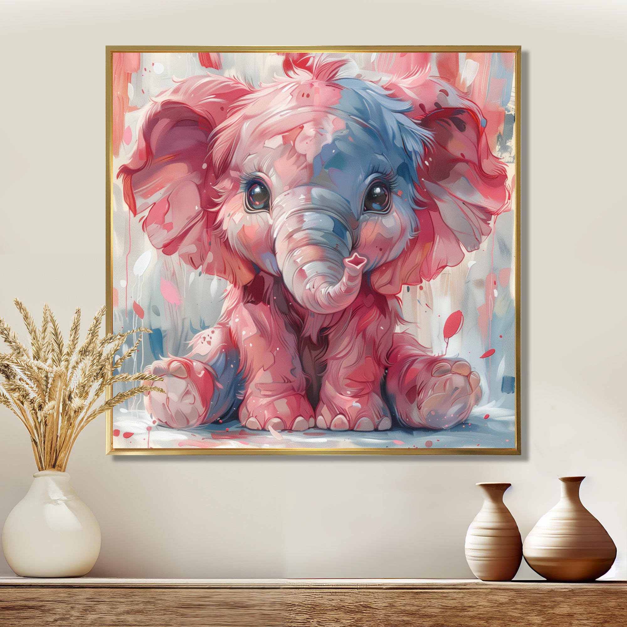 Pink blue baby elephant - Elephant Bedroom Wall Art