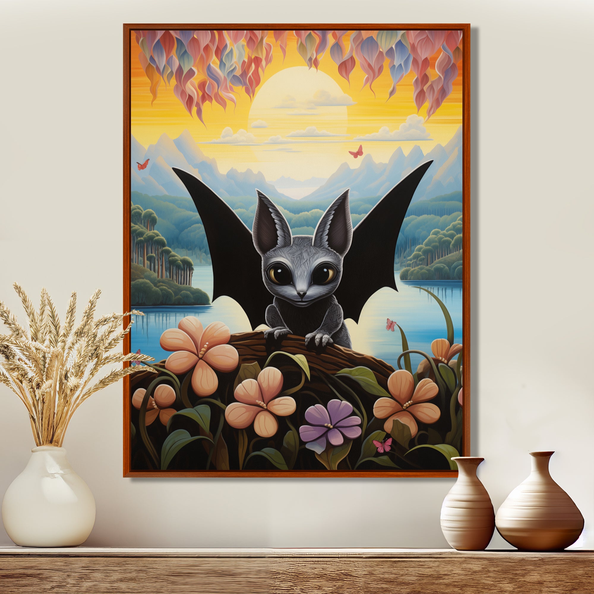 Gothic Bat in colorful flower rainforest - Bat Living Room Wall Art