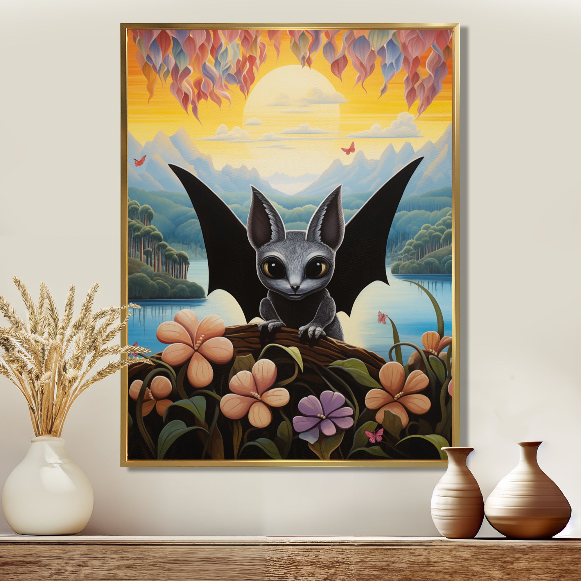 Gothic Bat in colorful flower rainforest - Bat Living Room Wall Art