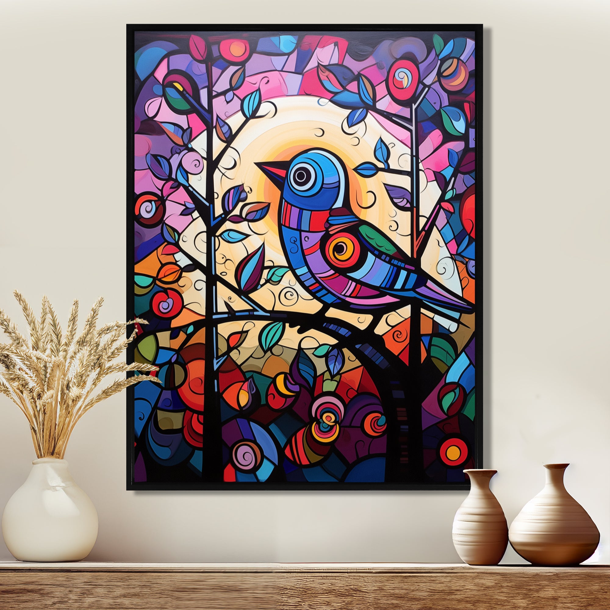 Stained glass Bird singing on branch Pop art - Bird Canvas Wall Art