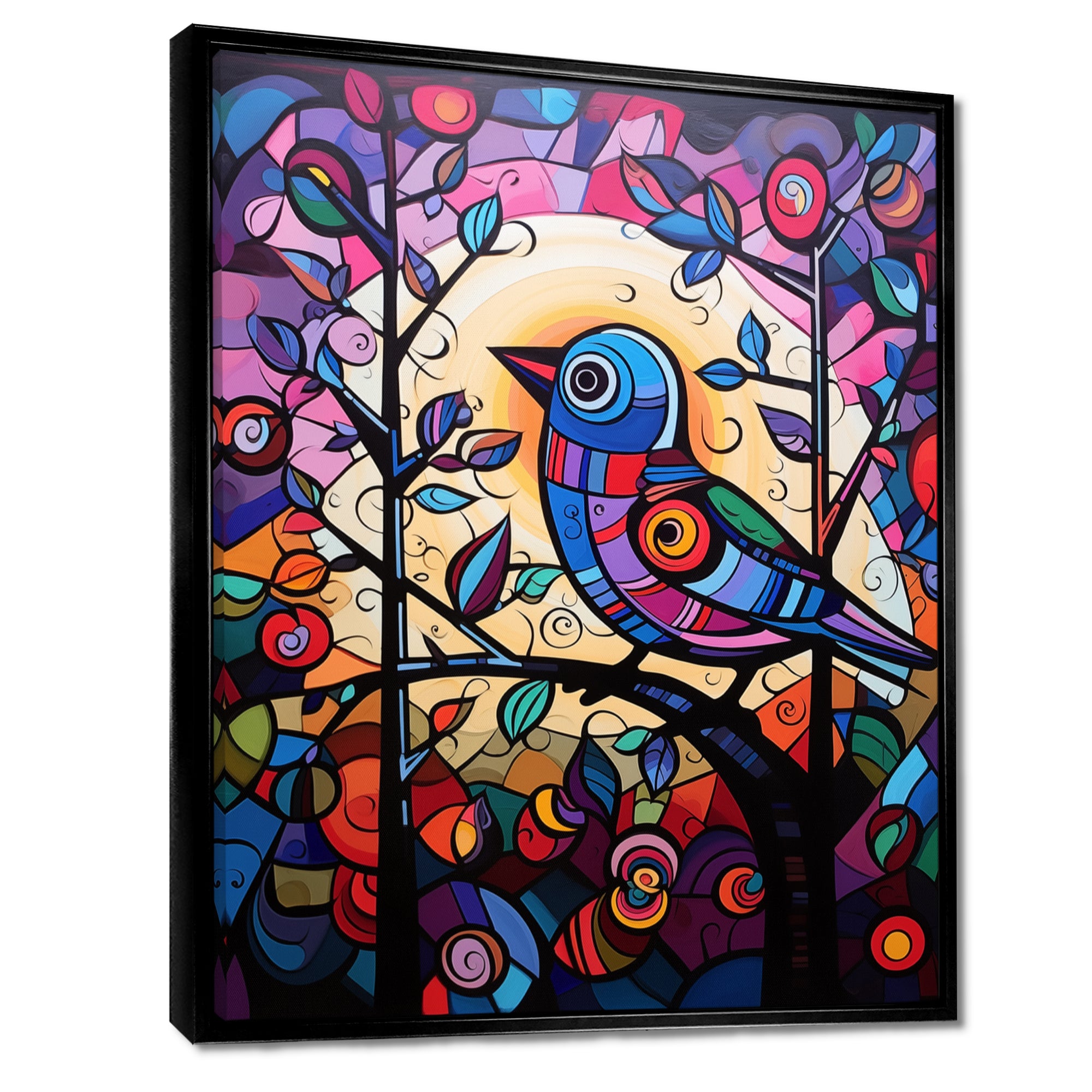 Stained glass Bird singing on branch Pop art - Bird Canvas Wall Art