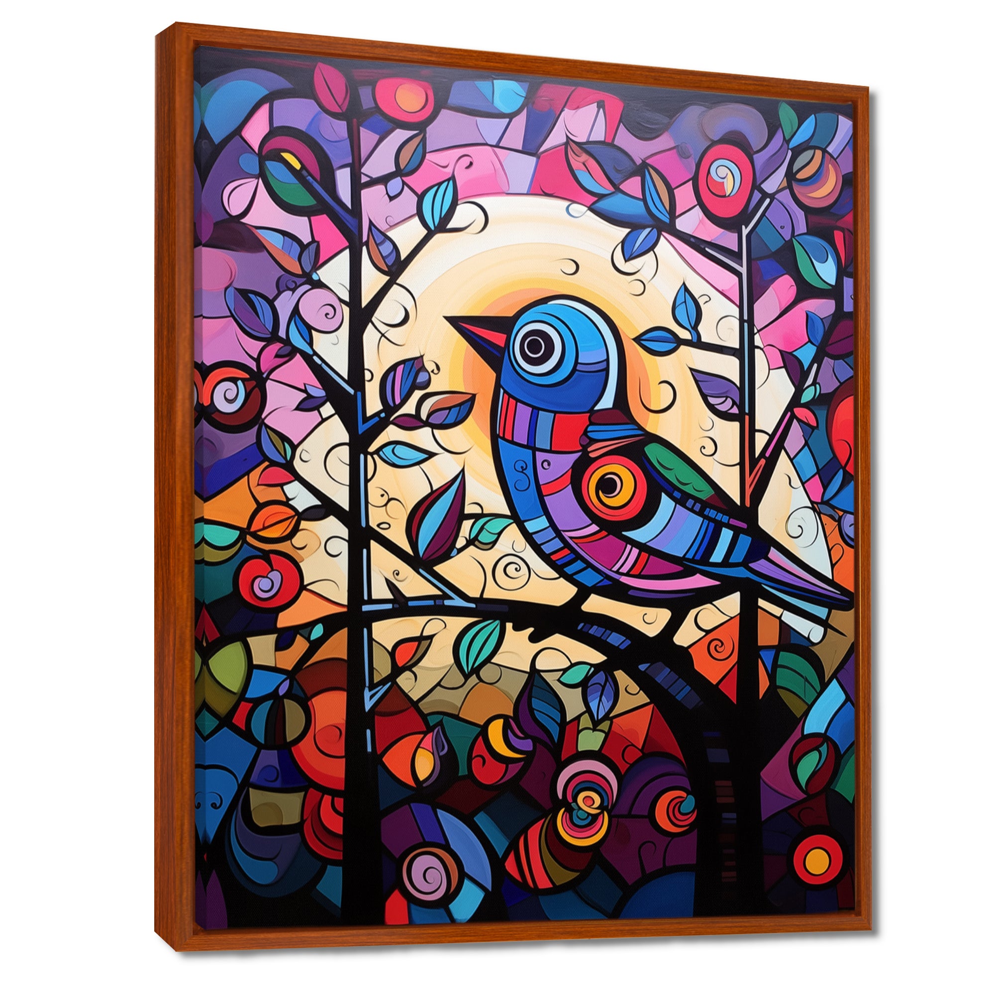Stained glass Bird singing on branch Pop art - Bird Canvas Wall Art