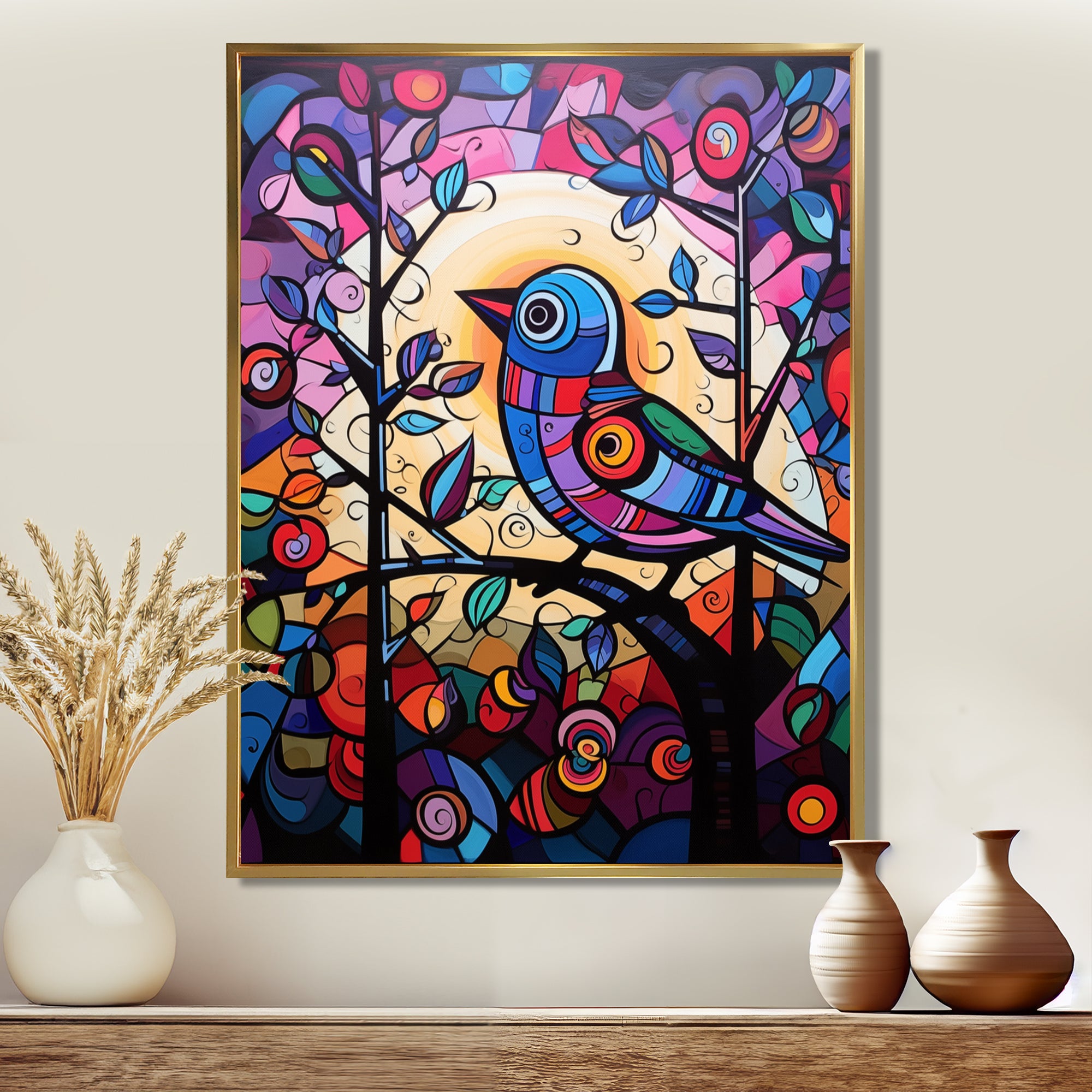 Stained glass Bird singing on branch Pop art - Bird Canvas Wall Art