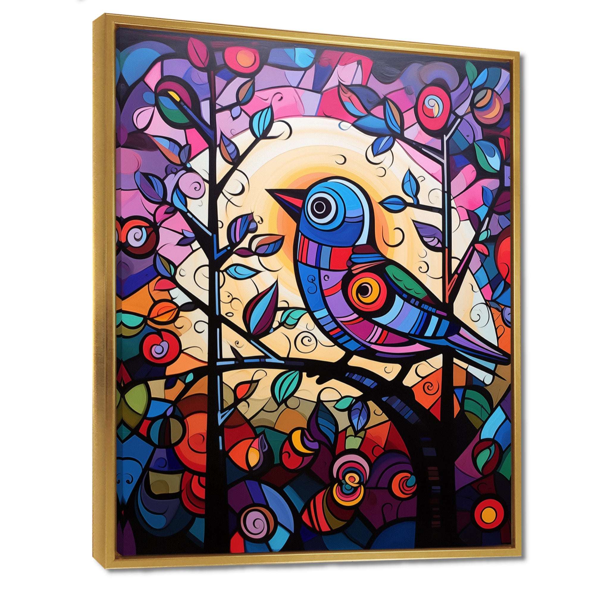 Stained glass Bird singing on branch Pop art - Bird Canvas Wall Art