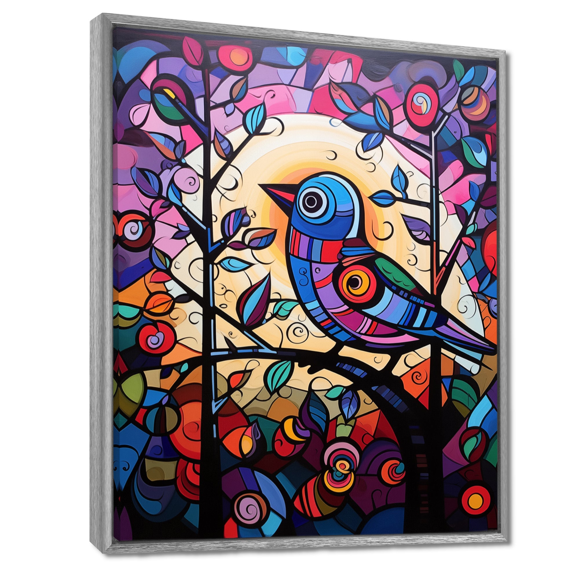 Stained glass Bird singing on branch Pop art - Bird Canvas Wall Art
