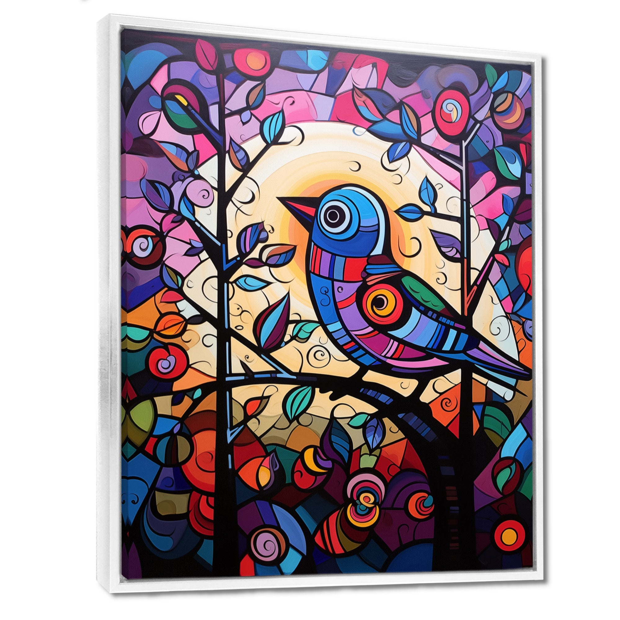 Stained glass Bird singing on branch Pop art - Bird Canvas Wall Art