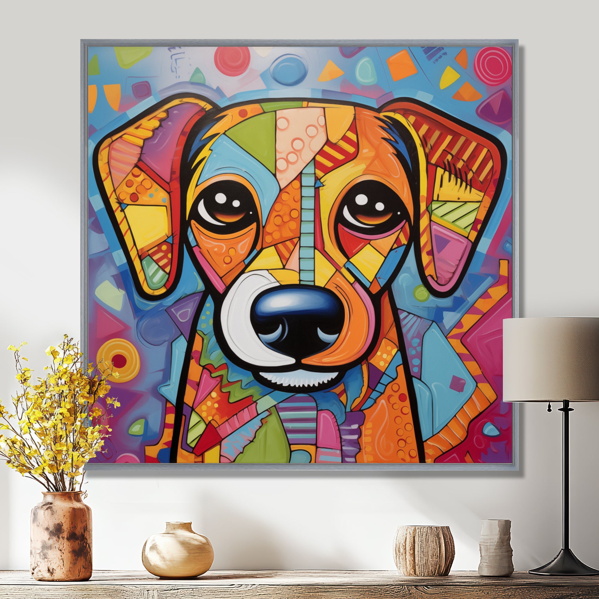Geometric multicolor dog portrait - Dog Living Room Wall Art