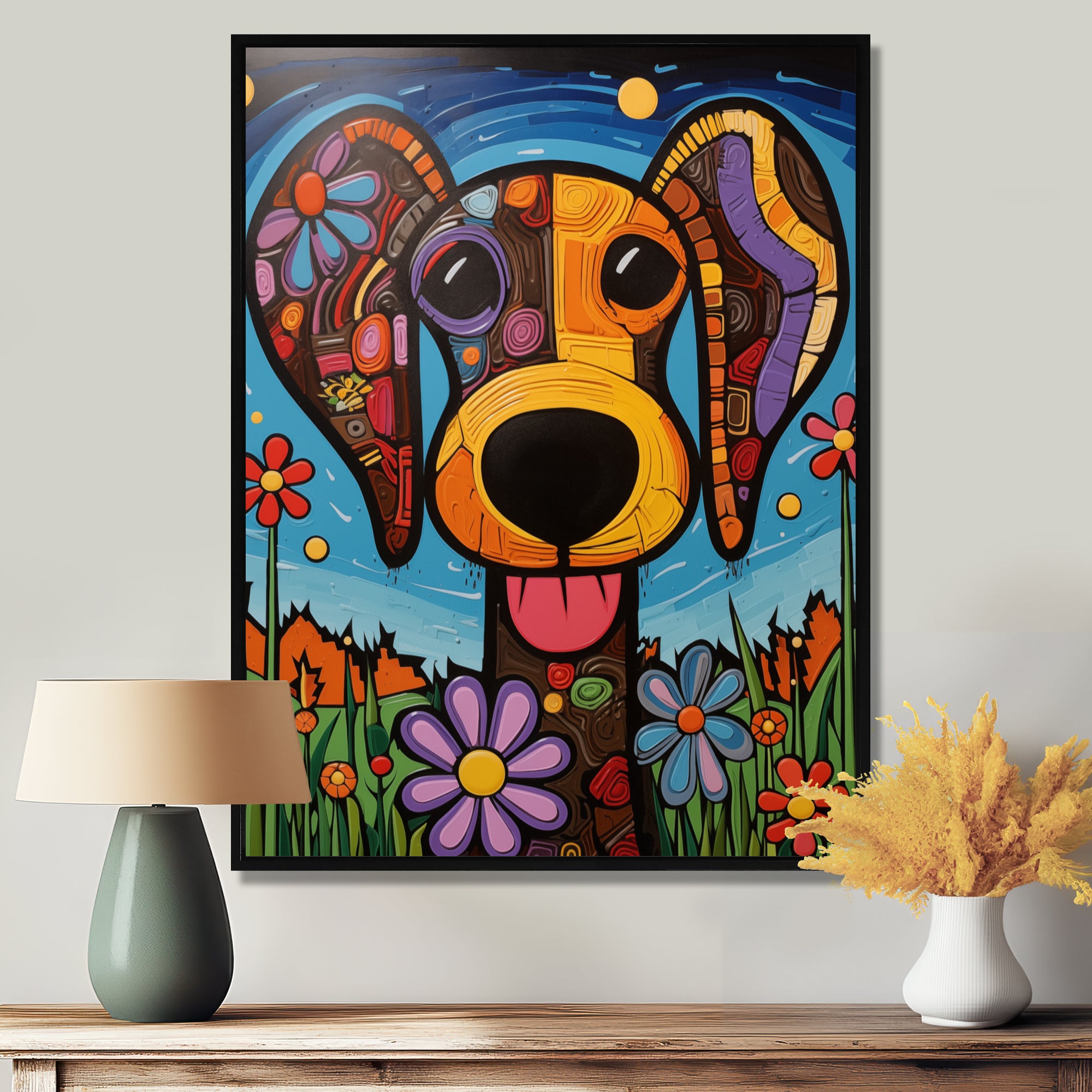 Geometric multicolor flower dog portrait - Dog Canvas Wall Art