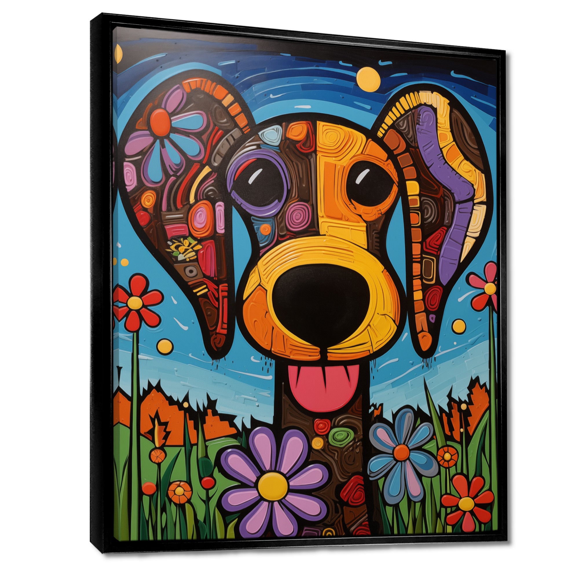 Geometric multicolor flower dog portrait - Dog Canvas Wall Art