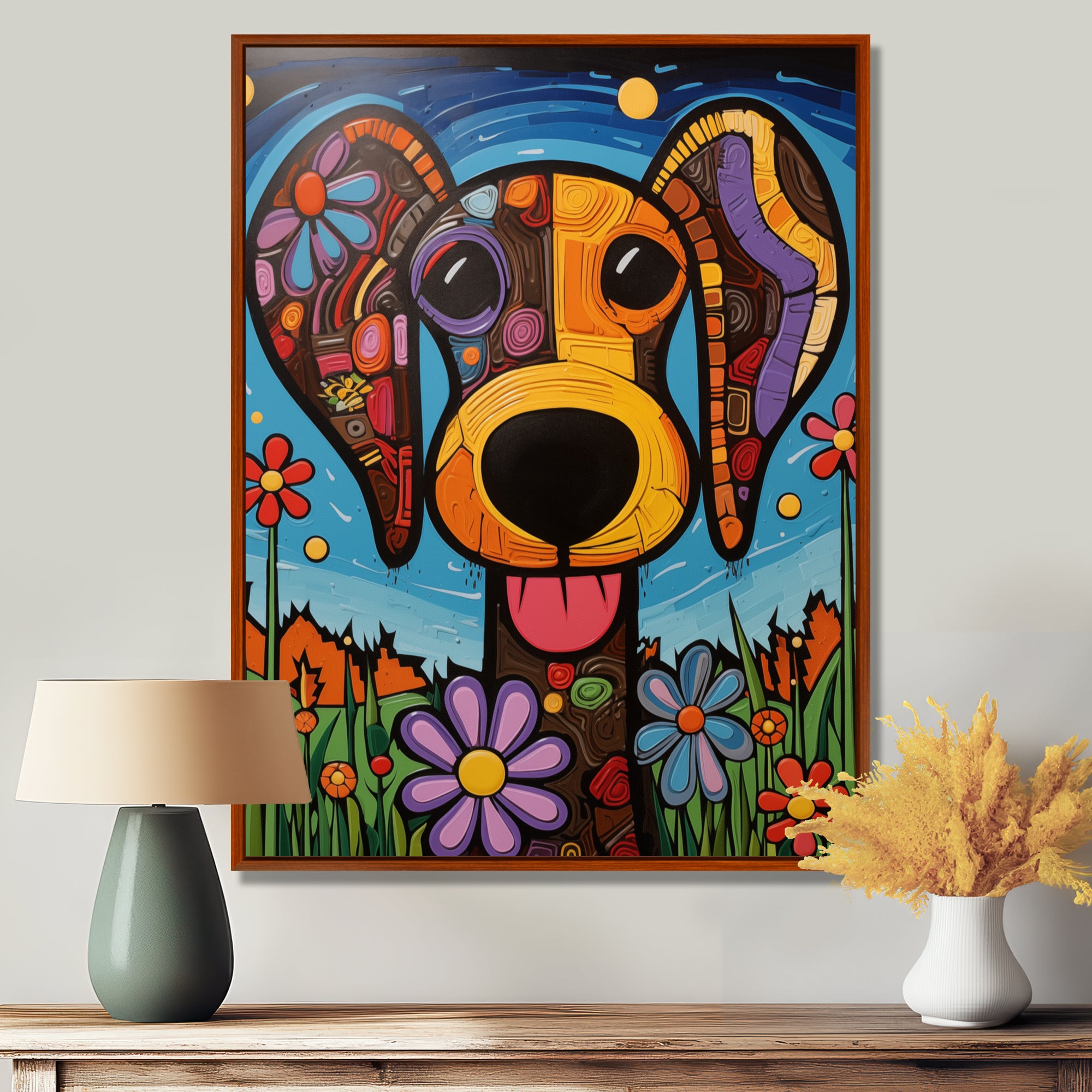 Geometric multicolor flower dog portrait - Dog Canvas Wall Art