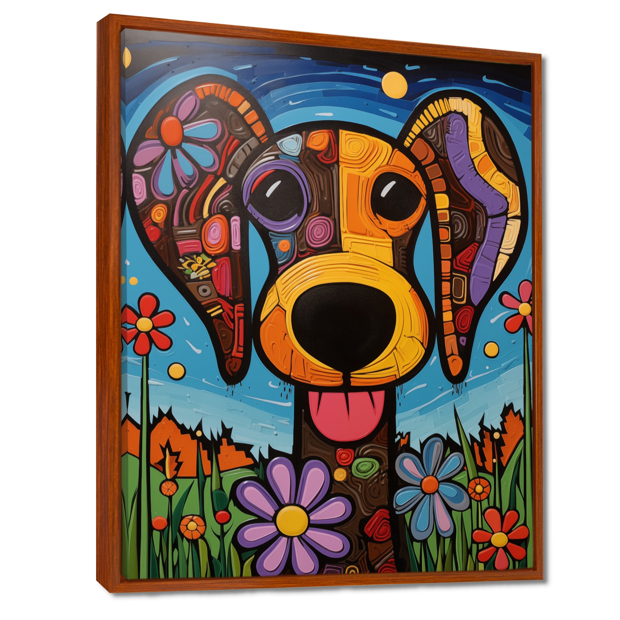 Geometric multicolor flower dog portrait - Dog Canvas Wall Art