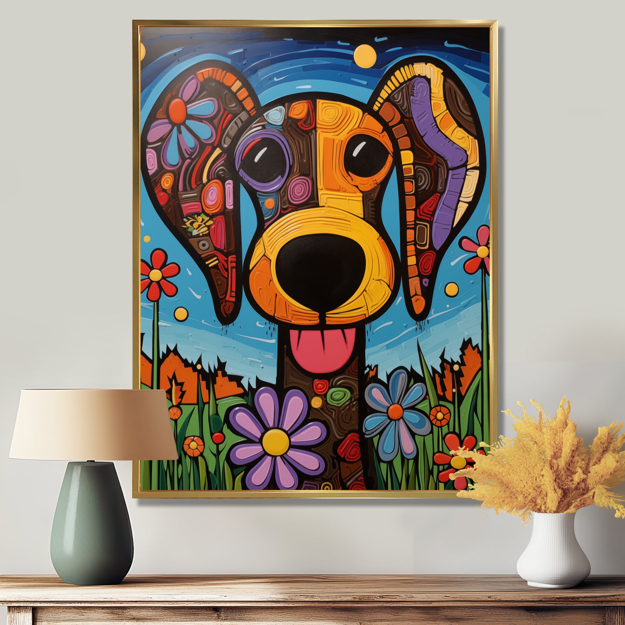 Geometric multicolor flower dog portrait - Dog Canvas Wall Art