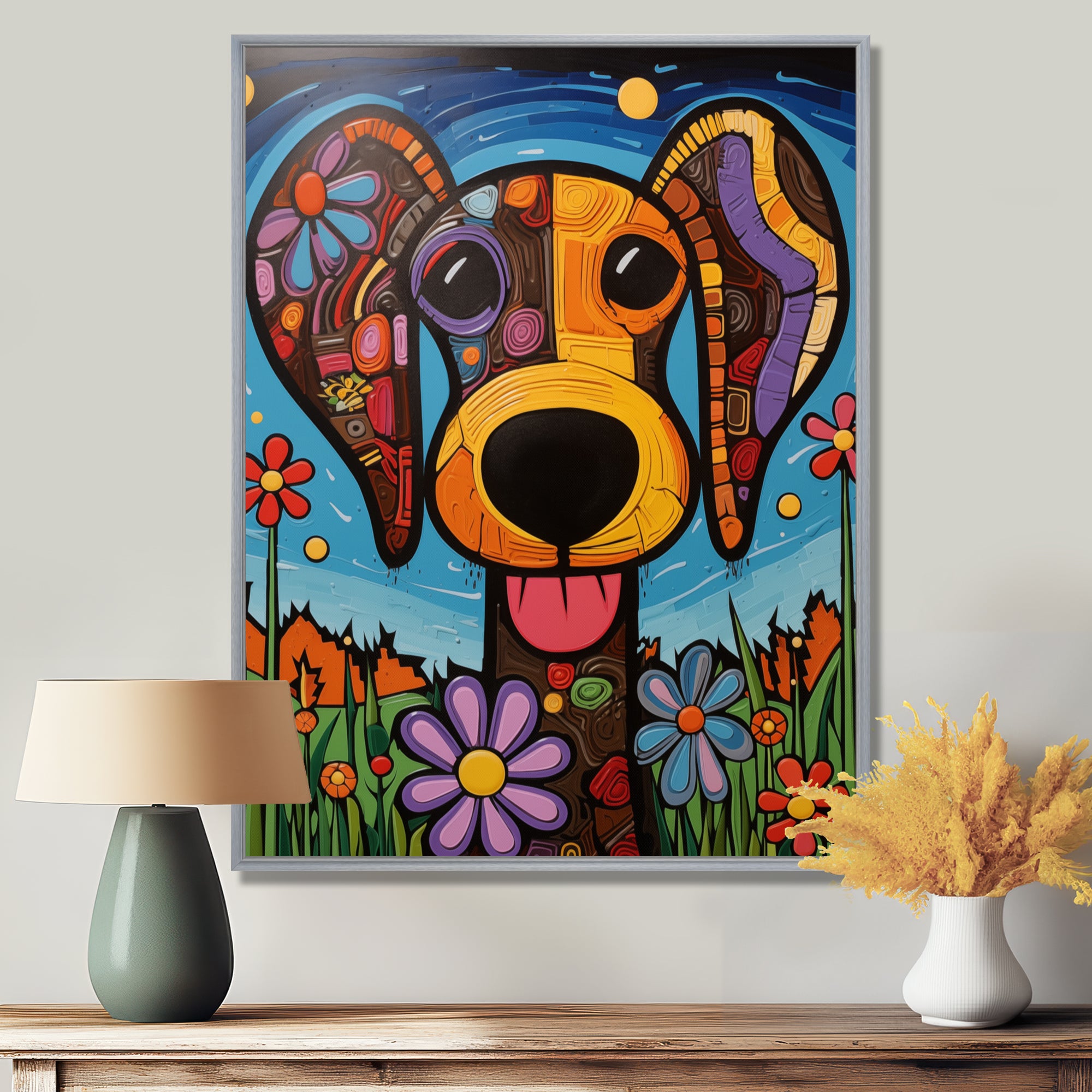 Geometric multicolor flower dog portrait - Dog Canvas Wall Art
