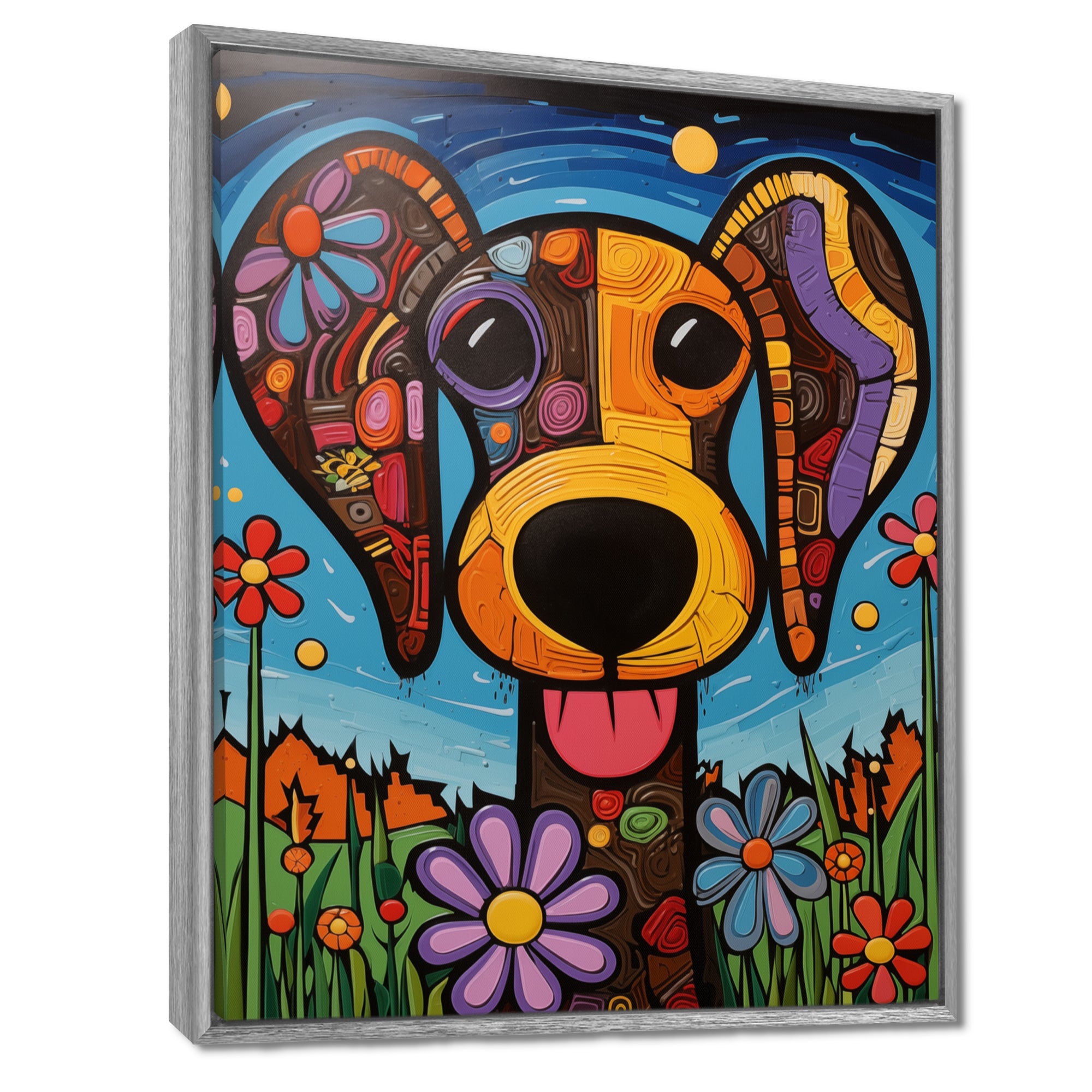 Geometric multicolor flower dog portrait - Dog Canvas Wall Art