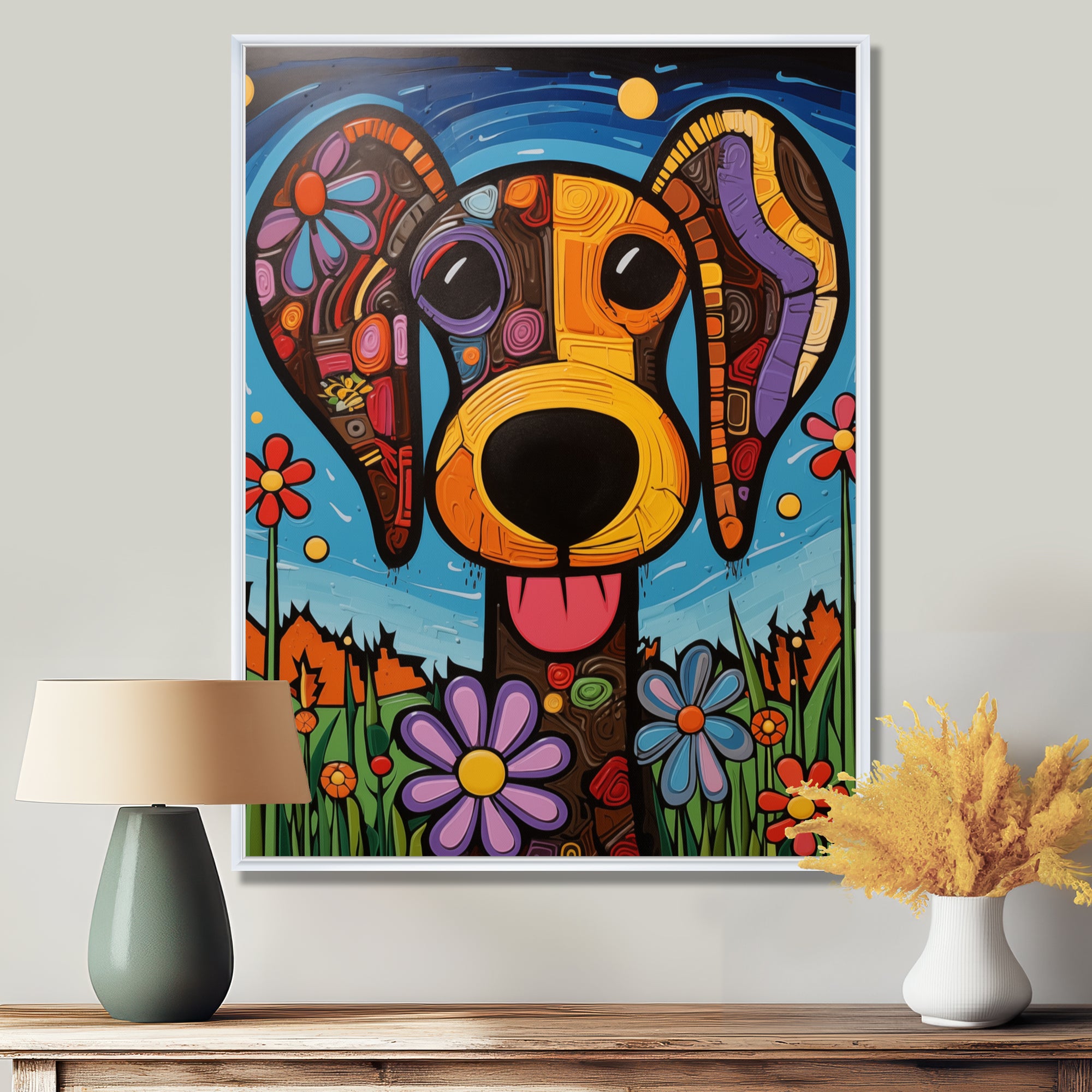 Geometric multicolor flower dog portrait - Dog Canvas Wall Art