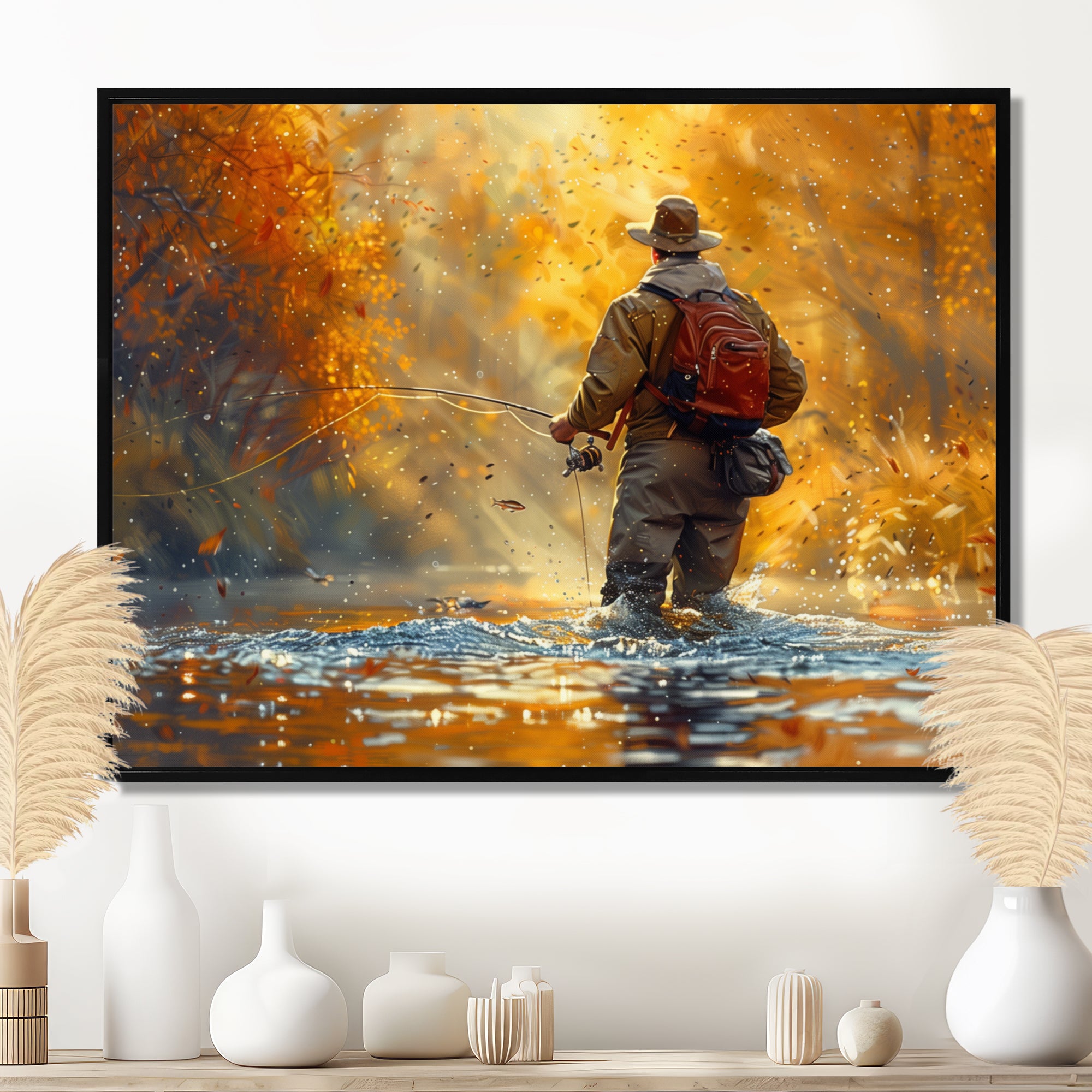 Autumn River Fishing - Hunting & Fishing Canvas Wall Art