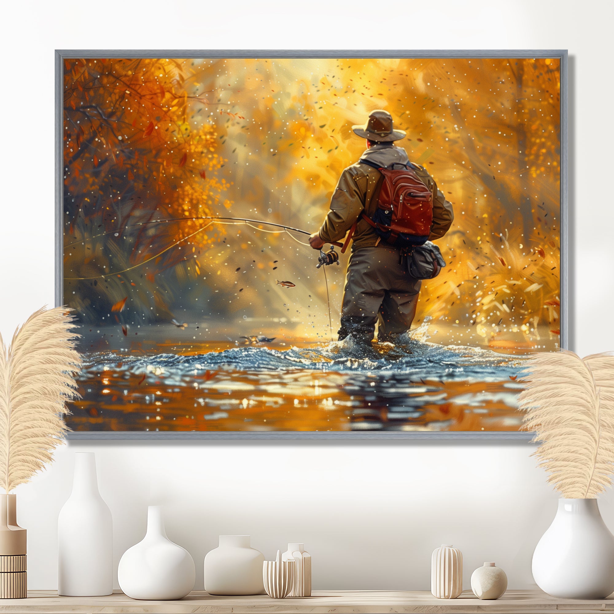 Autumn River Fishing - Hunting & Fishing Canvas Wall Art