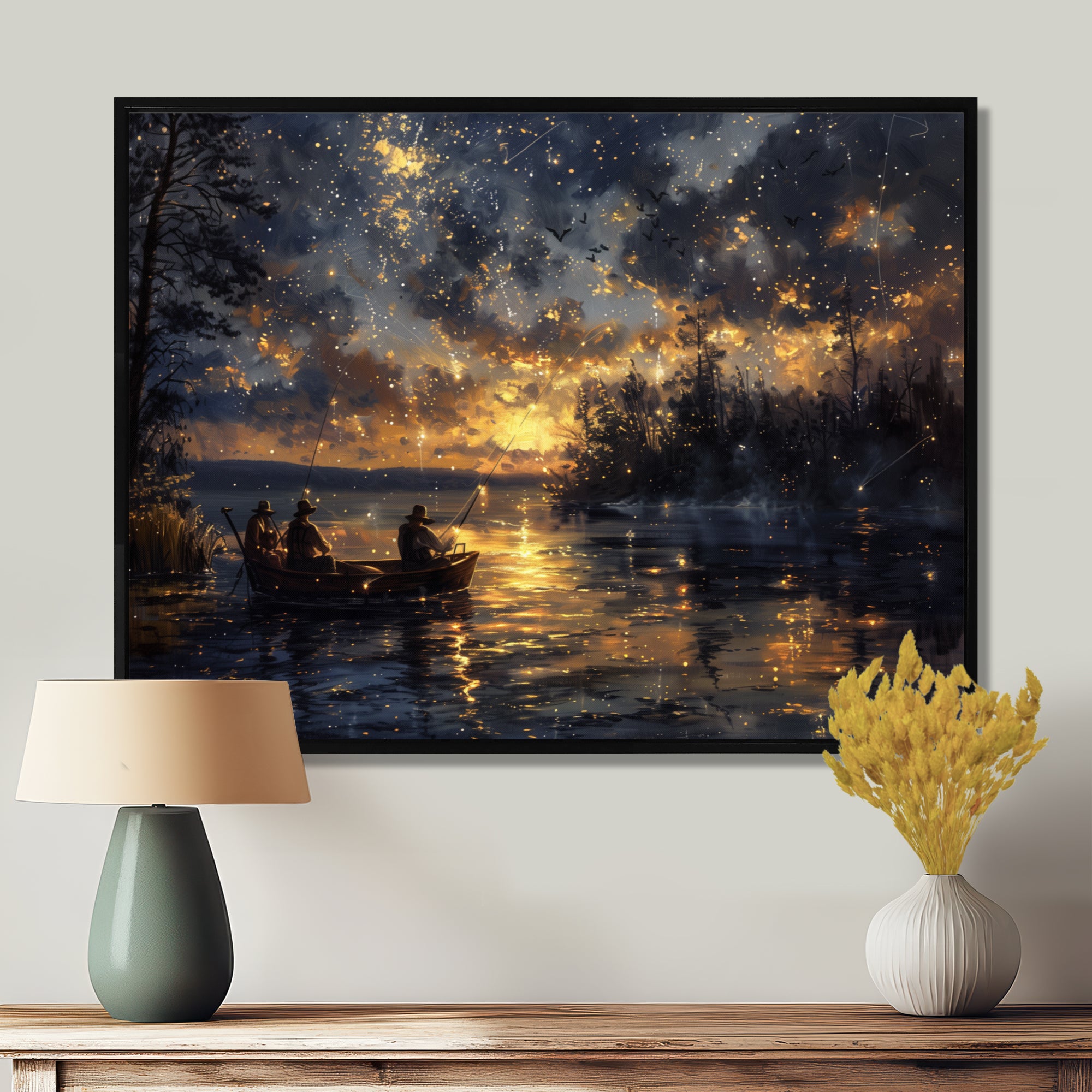 Fishing Under The Starry Night Sky - Hunting & Fishing Canvas Wall Art