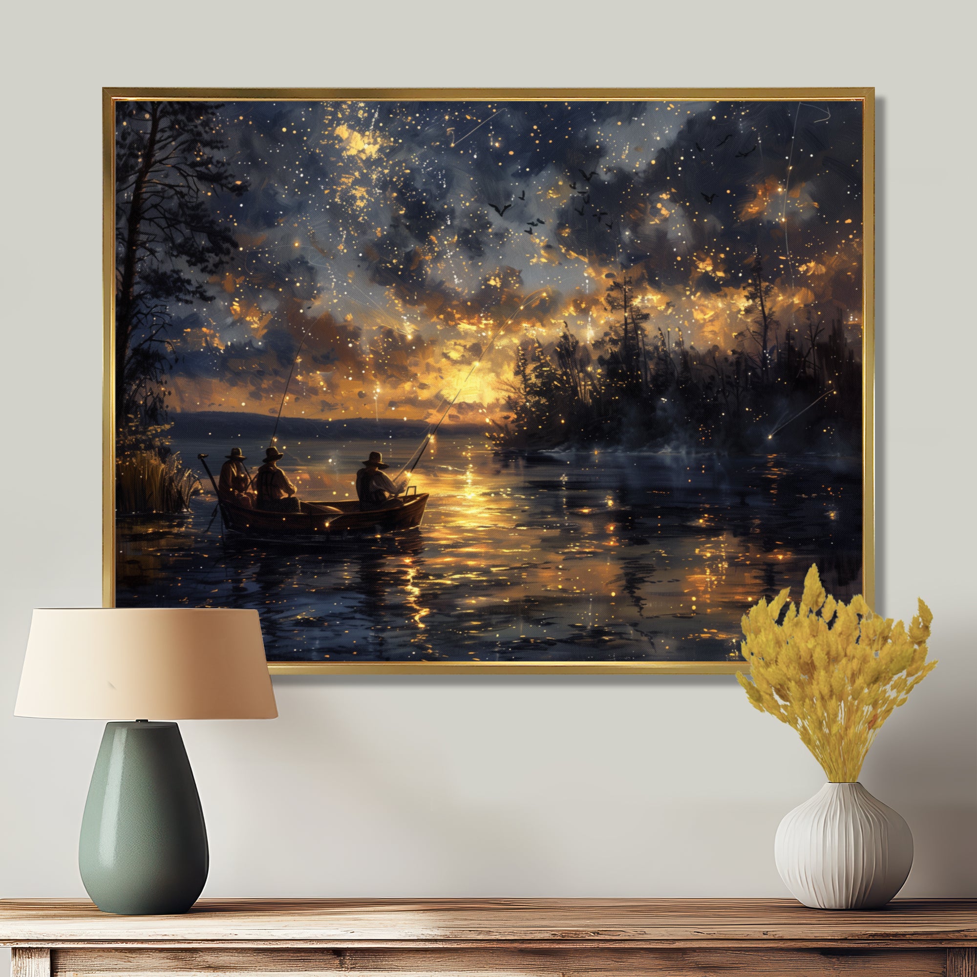 Fishing Under The Starry Night Sky - Hunting & Fishing Canvas Wall Art