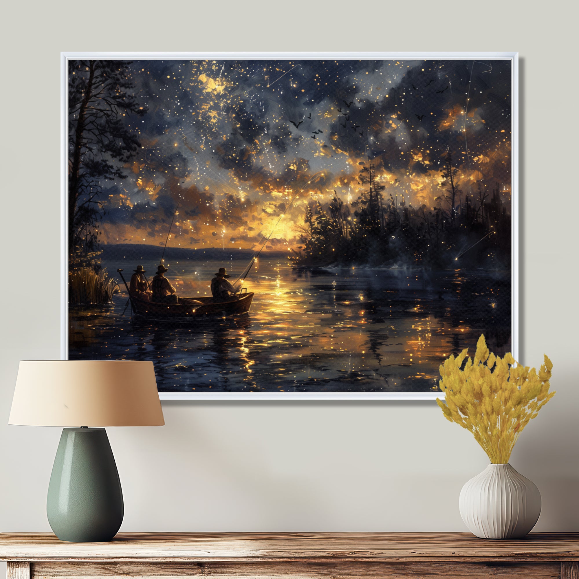 Fishing Under The Starry Night Sky - Hunting & Fishing Canvas Wall Art