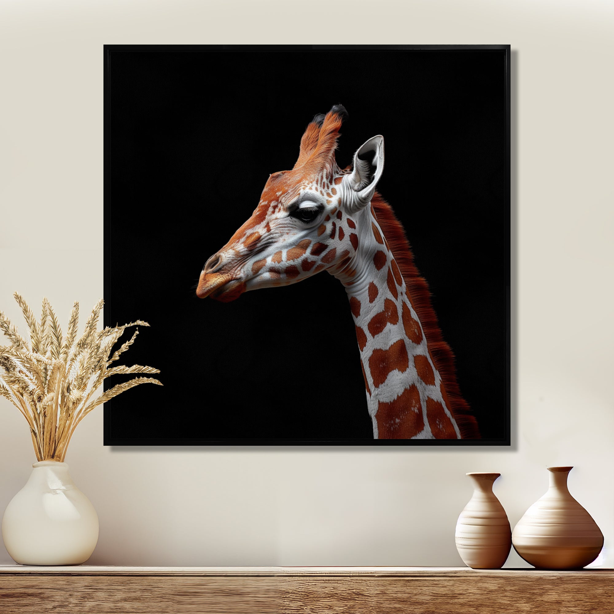 Brown giraffe profile on black - White Giraffe Wall Art