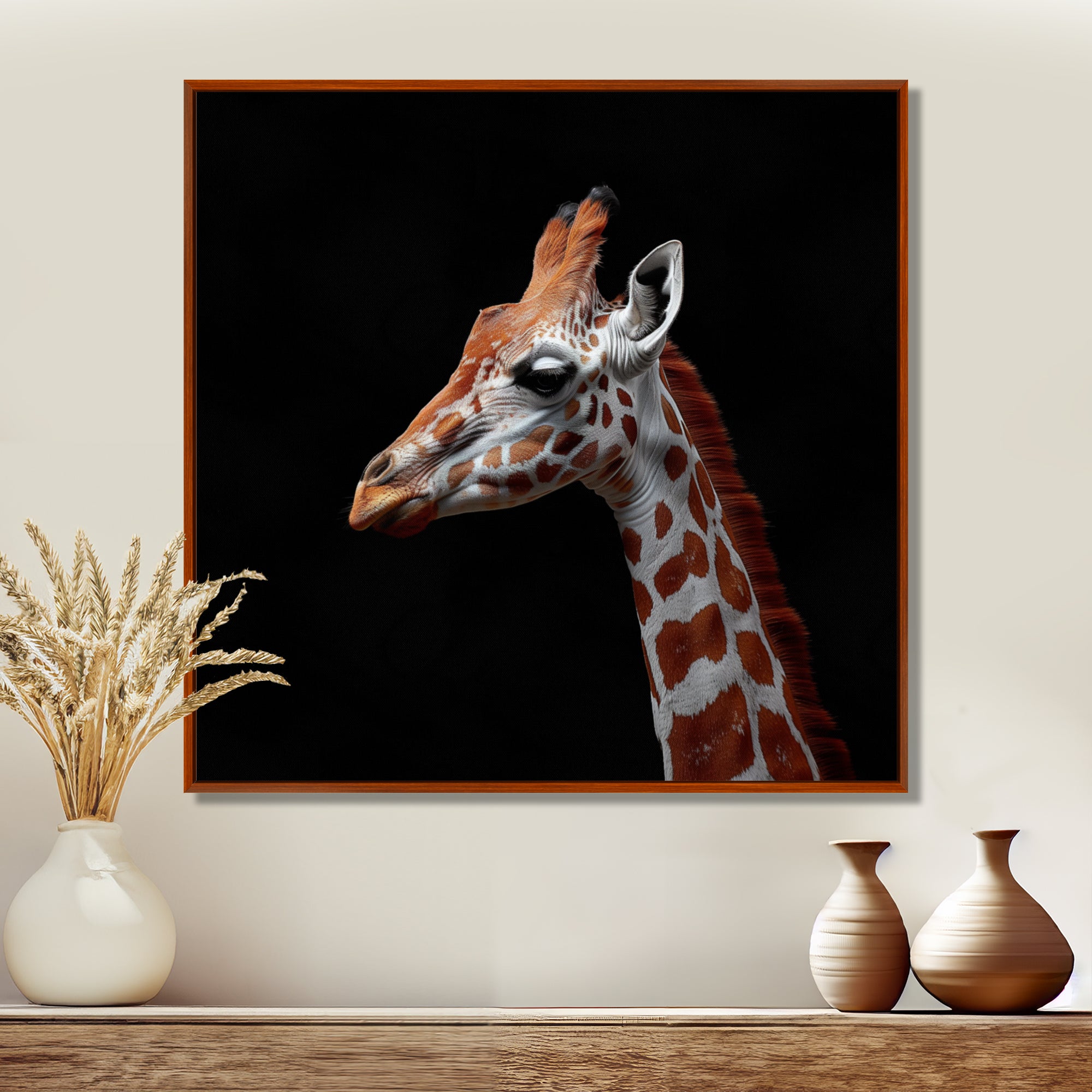 Brown giraffe profile on black - White Giraffe Wall Art