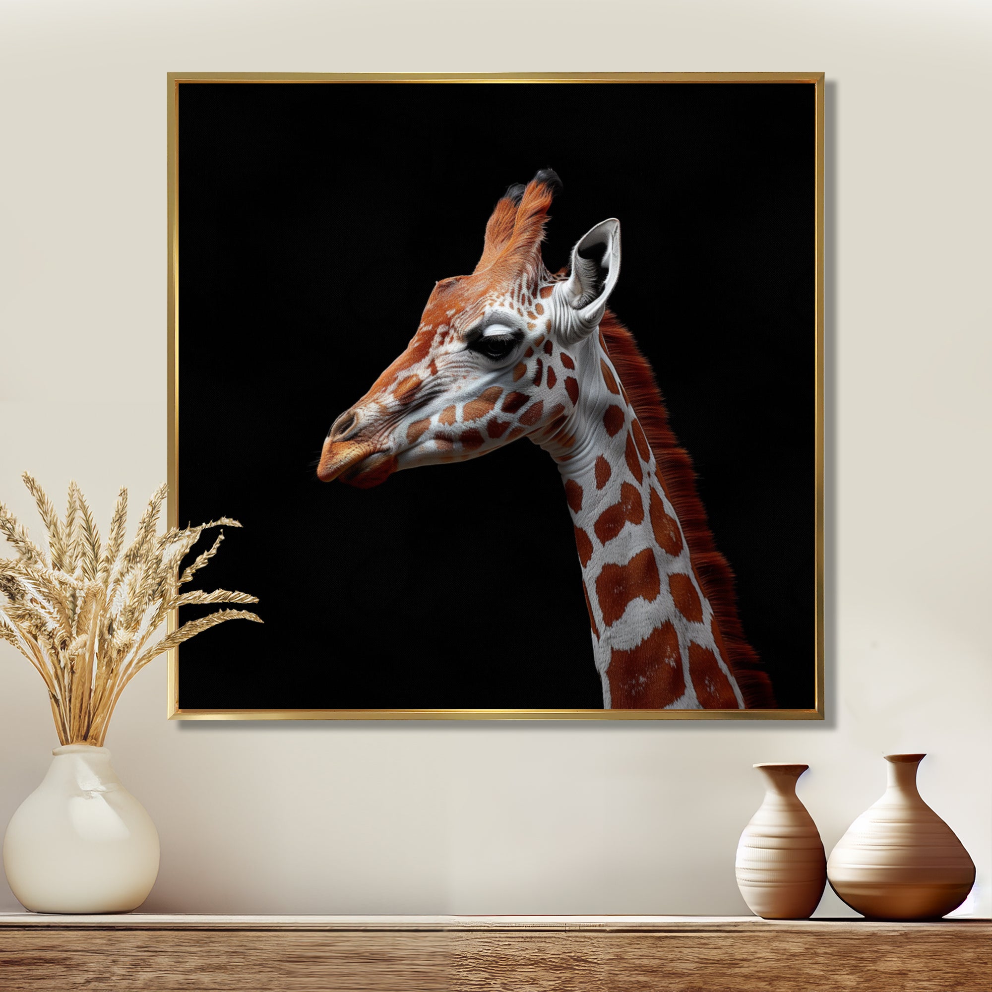 Brown giraffe profile on black - White Giraffe Wall Art
