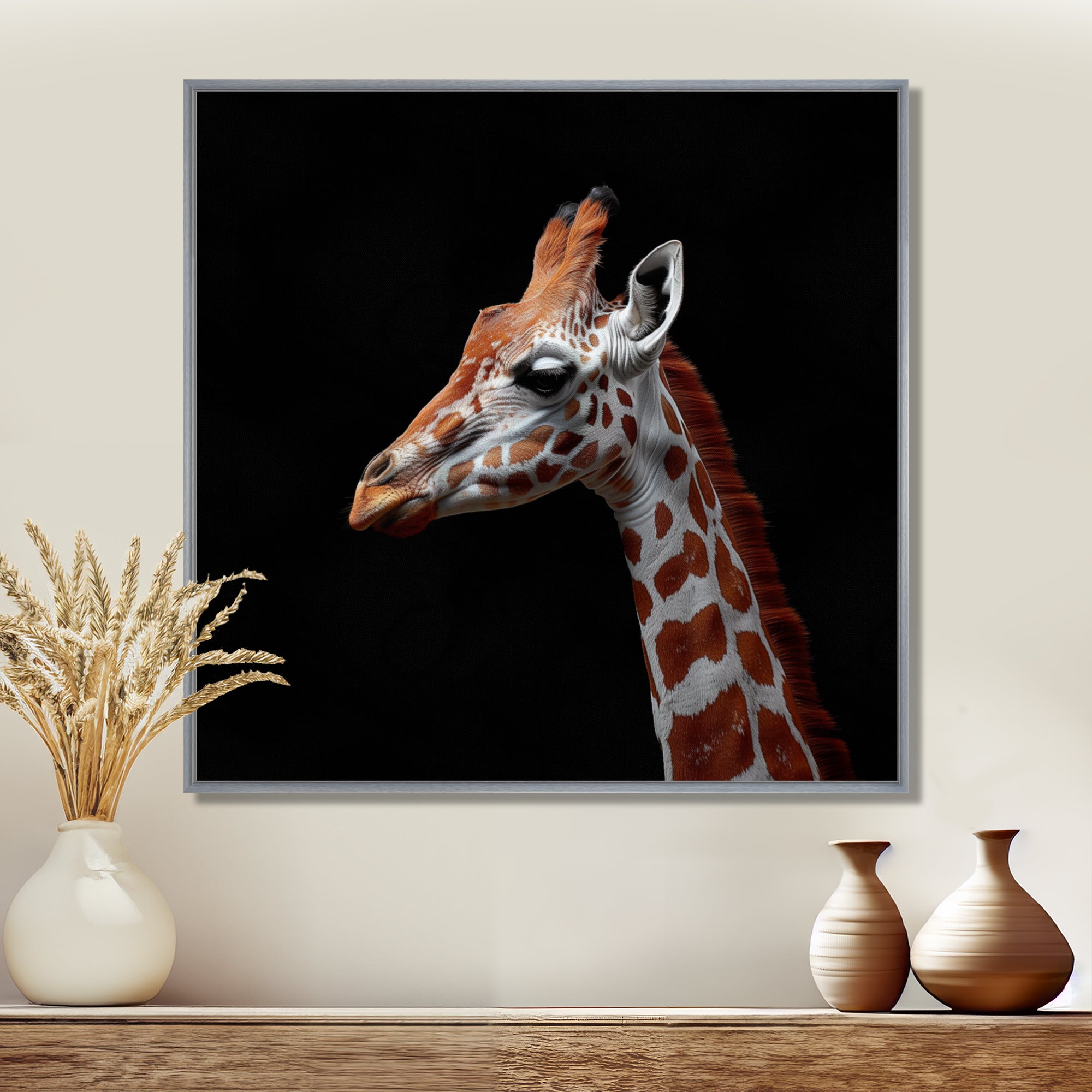 Brown giraffe profile on black - White Giraffe Wall Art
