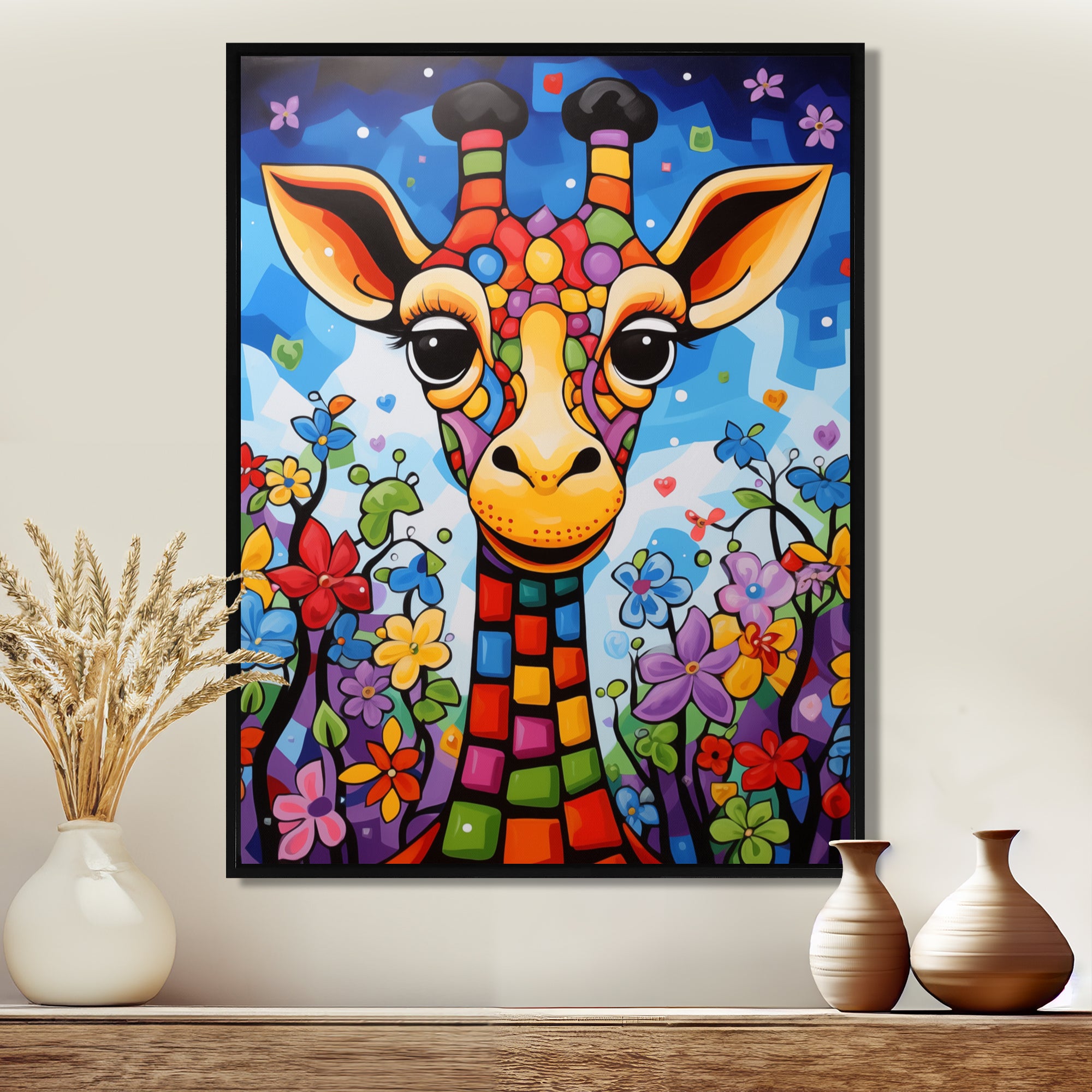 Colorful cute Giraffe in jungle landscape - Giraffe Framed Canvas Art