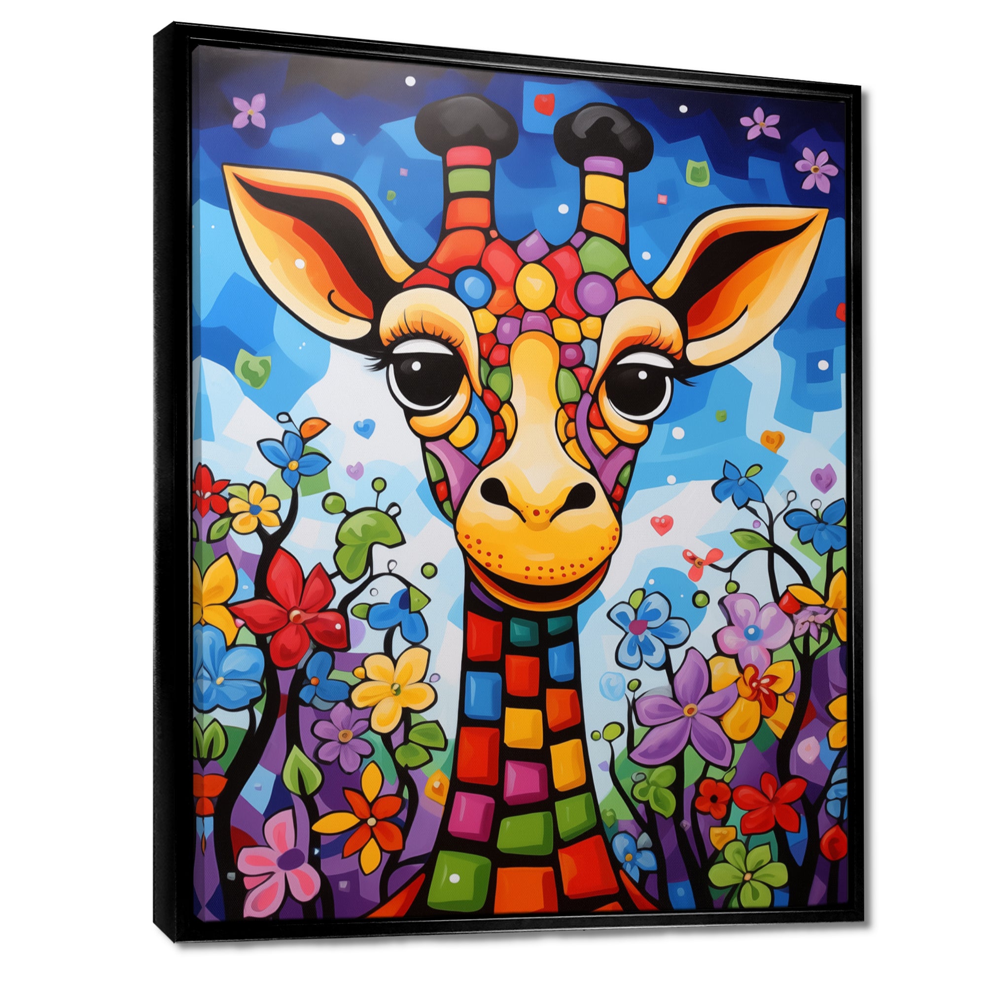Colorful cute Giraffe in jungle landscape - Giraffe Framed Canvas Art