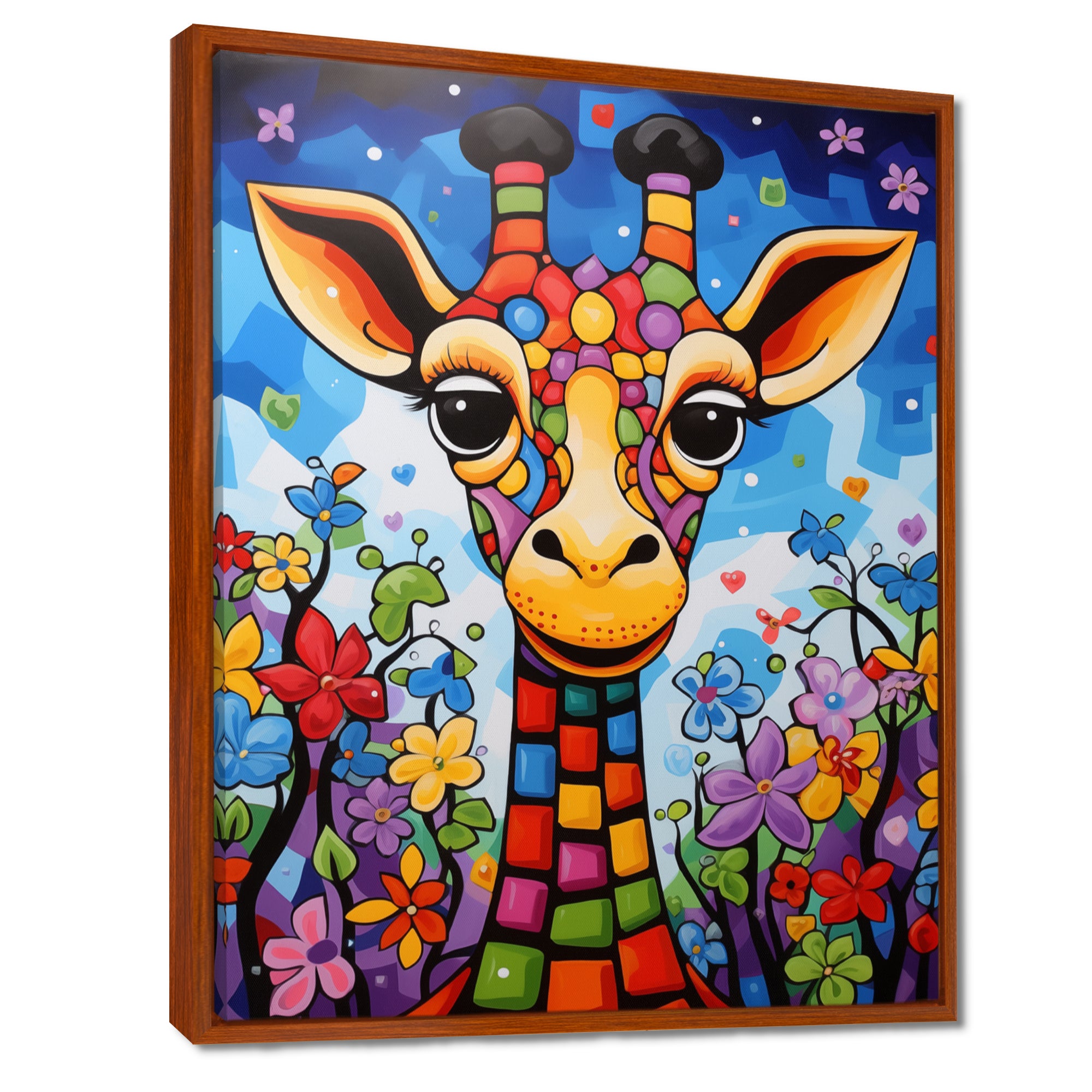 Colorful cute Giraffe in jungle landscape - Giraffe Framed Canvas Art
