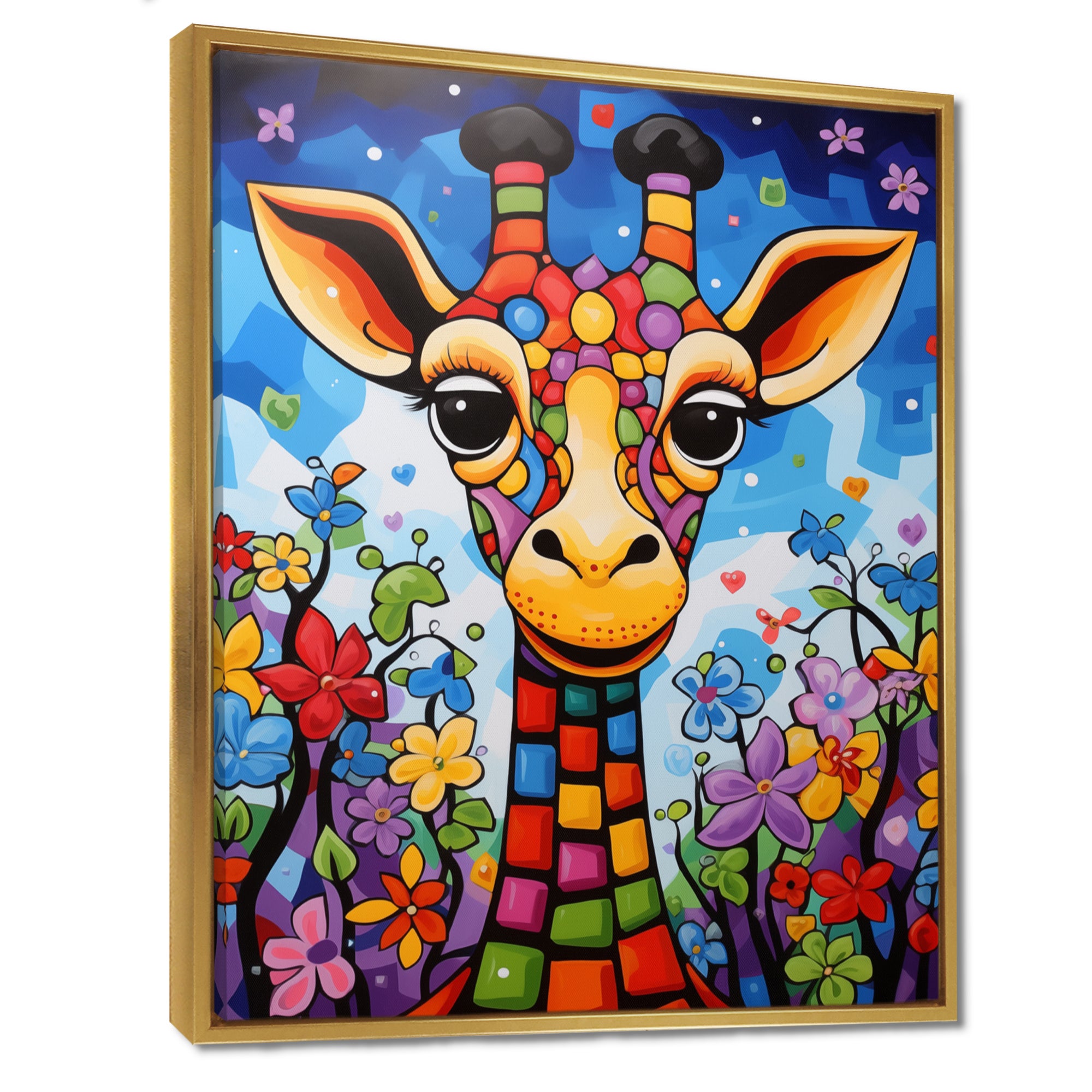 Colorful cute Giraffe in jungle landscape - Giraffe Framed Canvas Art