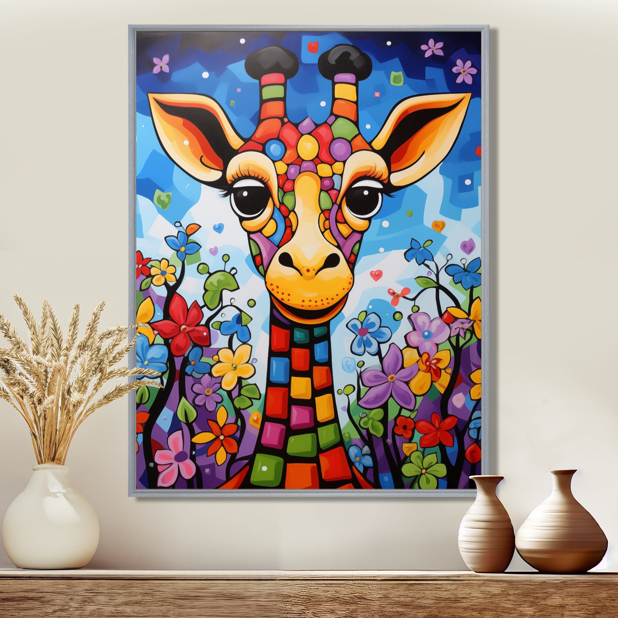 Colorful cute Giraffe in jungle landscape - Giraffe Framed Canvas Art